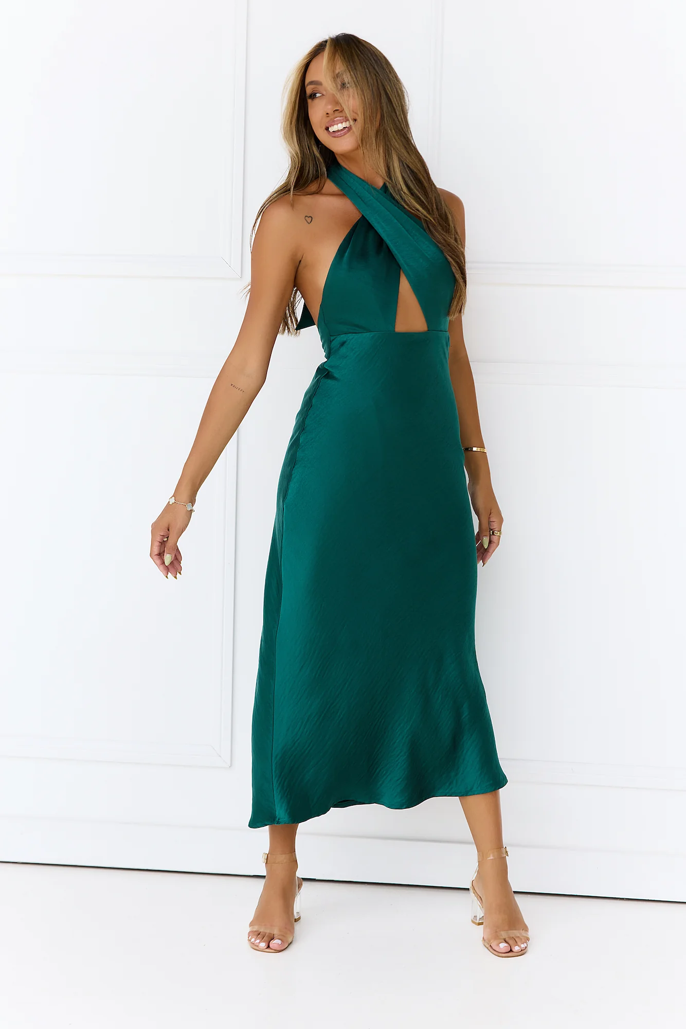 Twilight Glow Satin Halter Midi Dress Green
