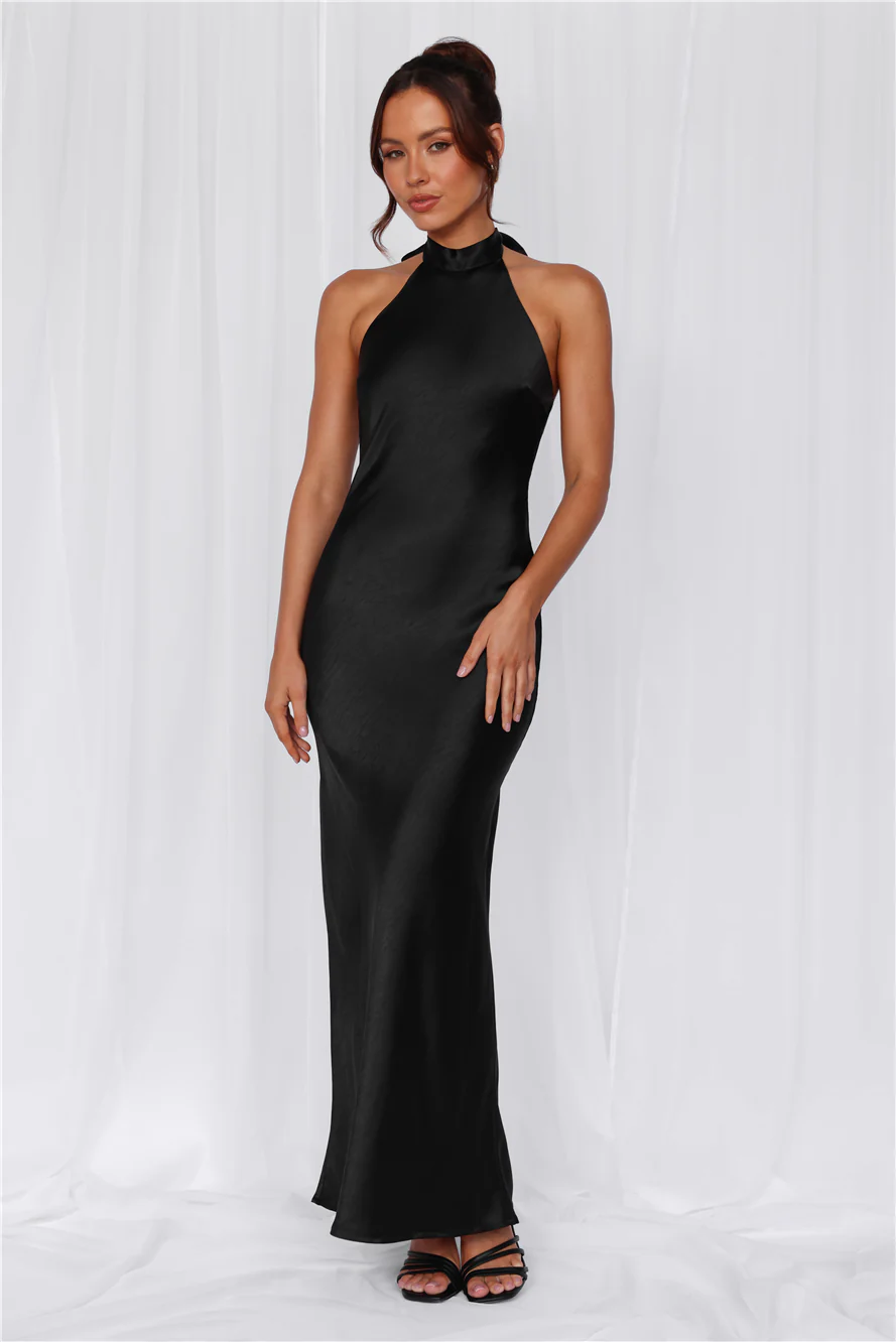 The Cleo Halter Satin Maxi Dress Black
