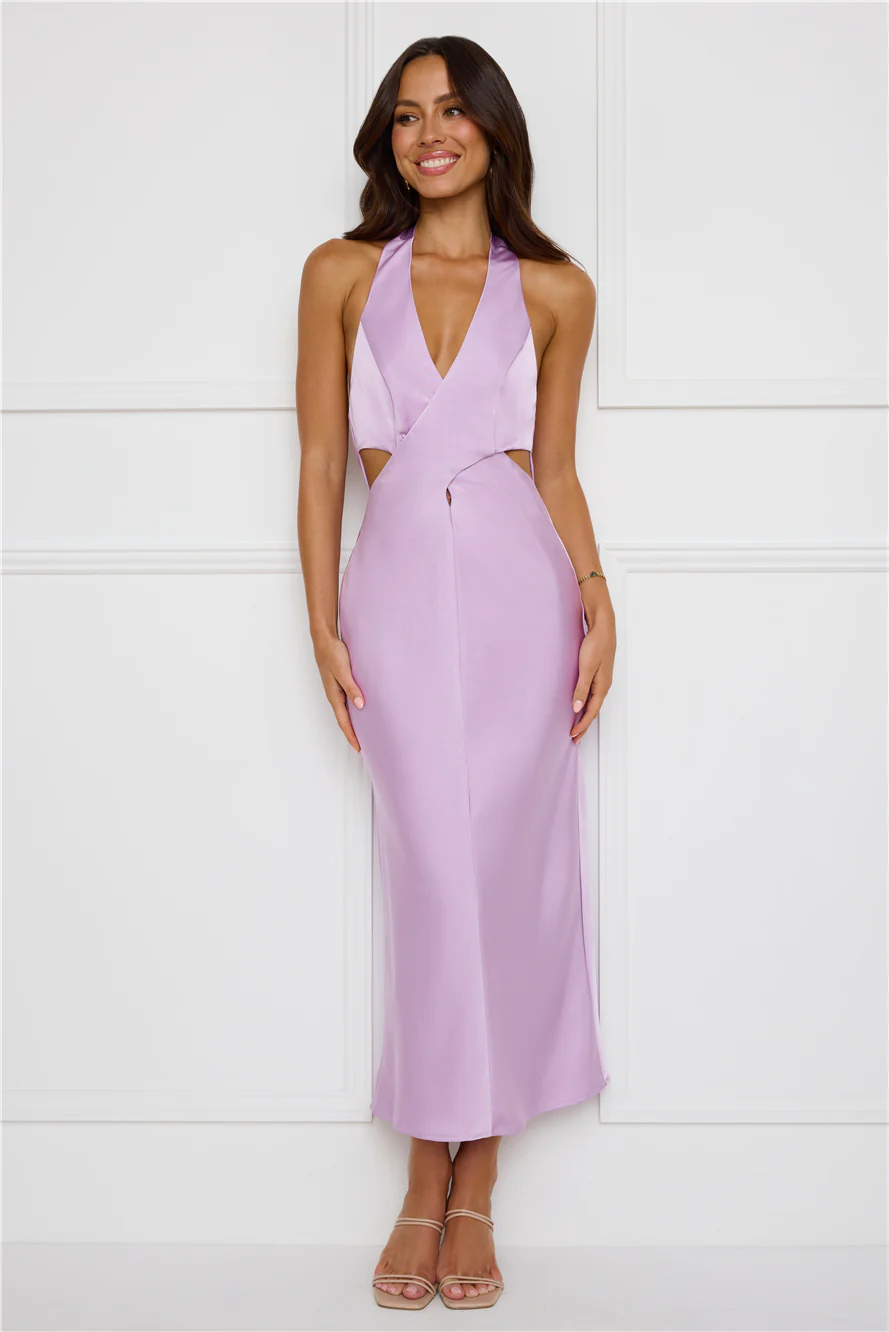 Chic Soir��e Satin Halter Midi Dress Lilac
