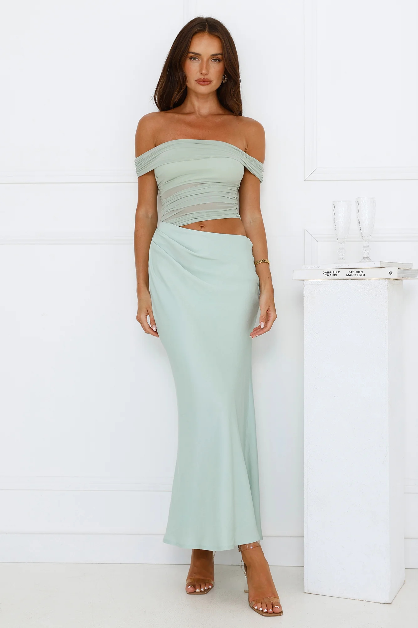 Velvet Sky Off Shoulder Mesh Maxi Dress Sage
