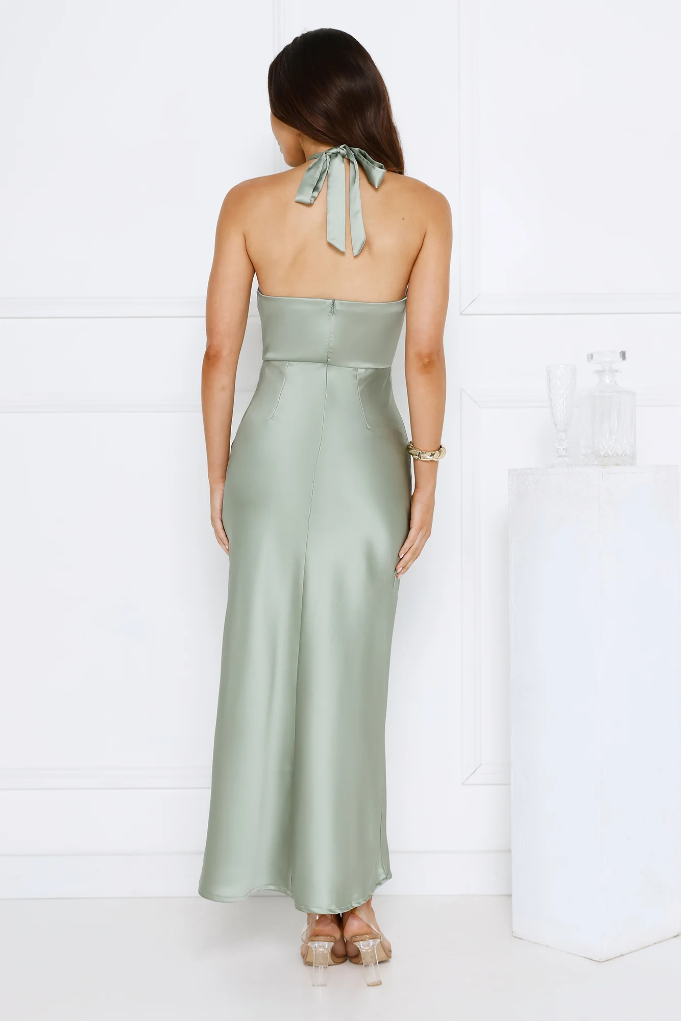 Essence of Style Halter Satin Maxi Dress Sage