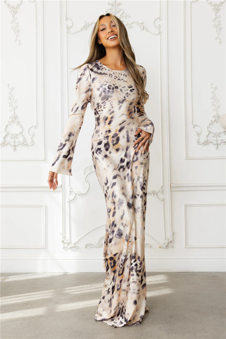 Cheetah Chic Satin Long Sleeve Maxi Dress Multi