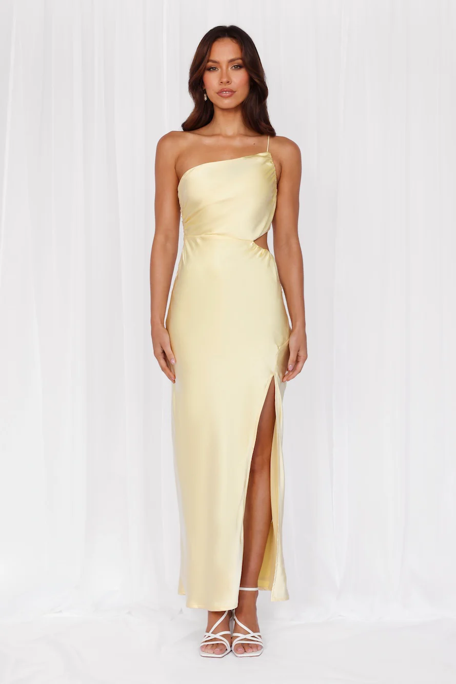 HELLO MOLLY The Opal One Shoulder Satin Maxi Dress Yellow