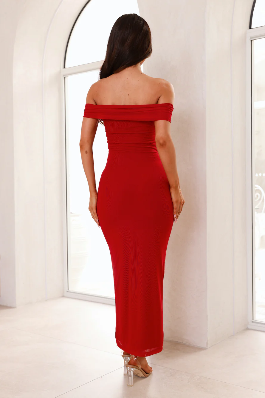 Seductive Shadows Off Shoulder Mesh Maxi Dress Burgundy