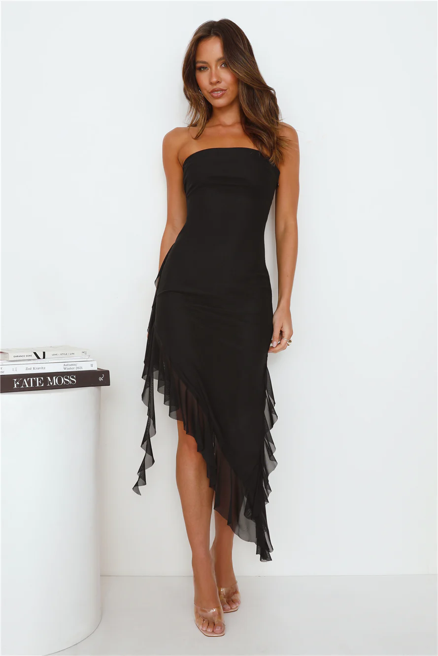 Social Status Strapless Mesh Frill Midi Dress Black