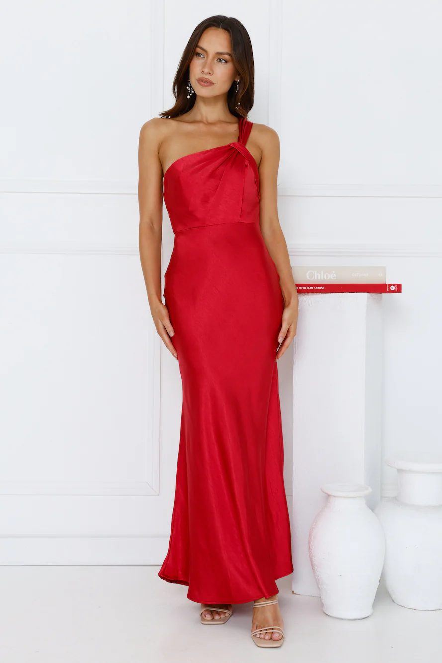 Graceful Elegance One Shoulder Satin Maxi Dress Red