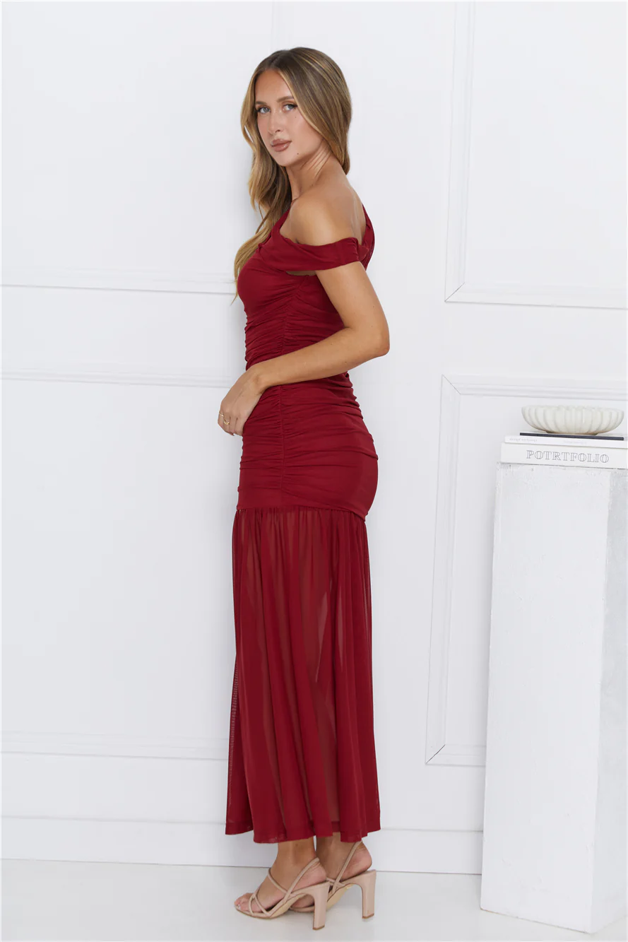Stylish Diva Mesh Off Shoulder Midi Dress Burgundy