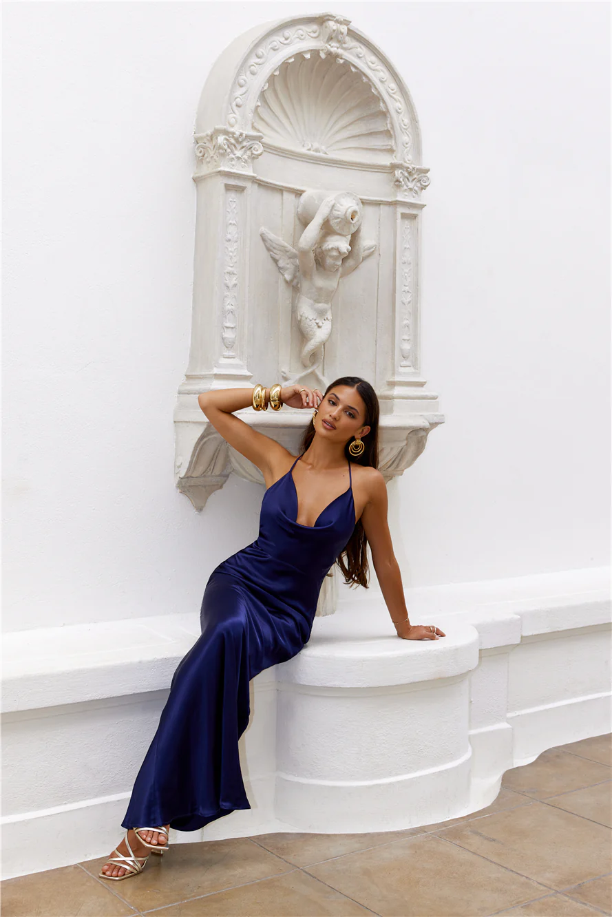 Midsummer Night Halter Satin Maxi Dress Navy