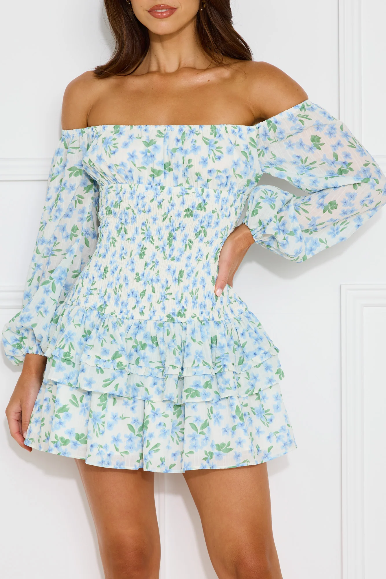 Fashionable Debutante Off Shoulder Mini Dress Blue