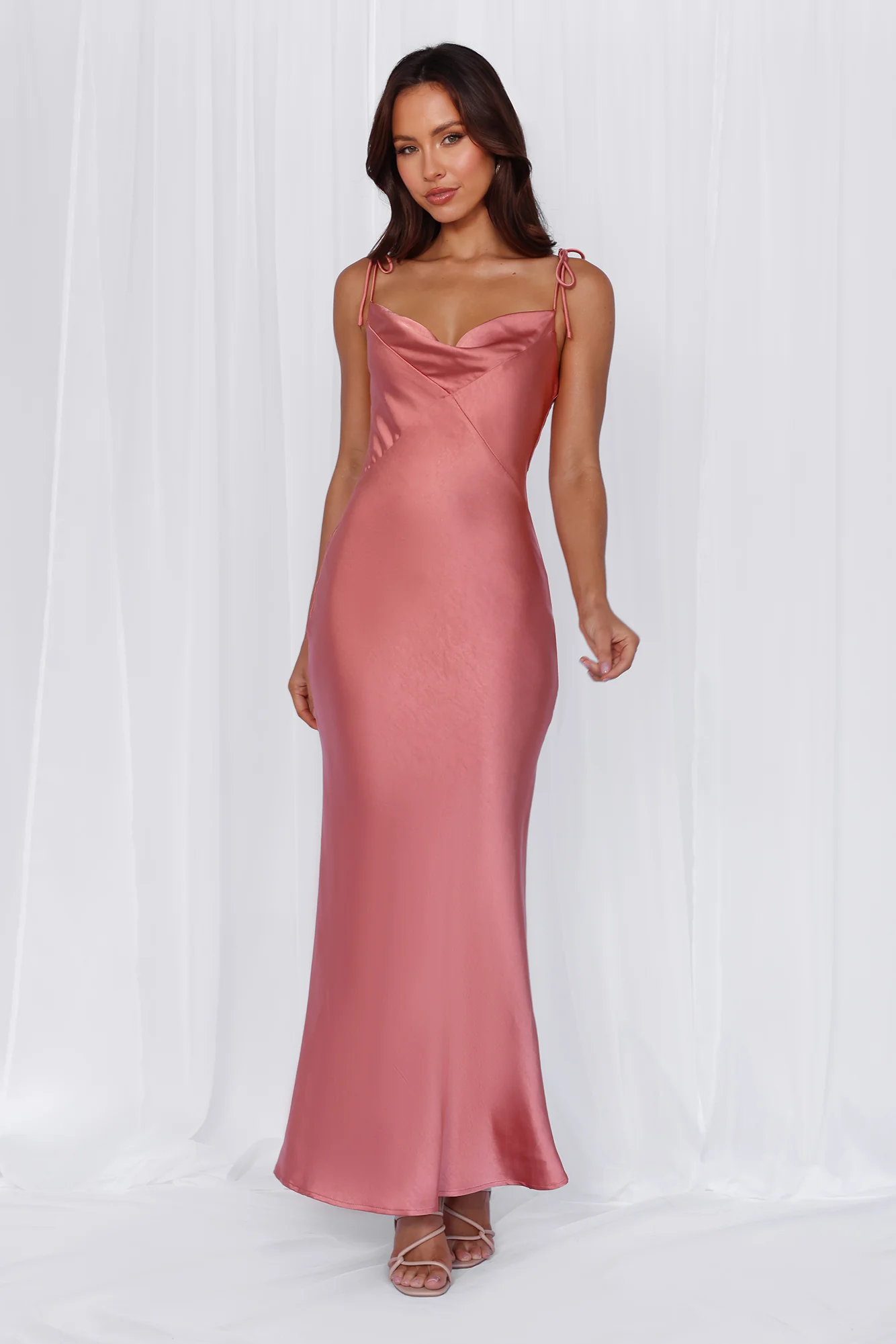 The Penelope Cowl Satin Maxi Dress Rose