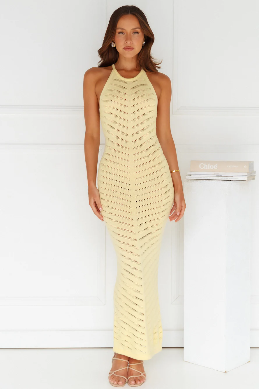 Sandy Sea Knit Halter Midi Dress Yellow