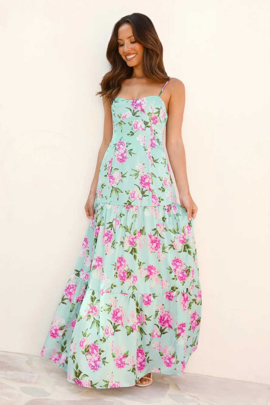 Wildflower Whimsy Satin Maxi Dress Green