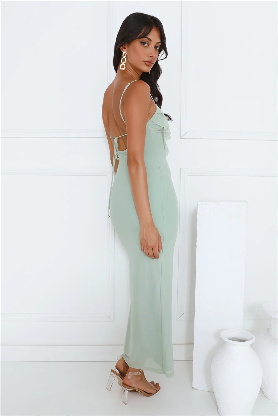 Flaunt It Girl Frill Mesh Maxi Dress Sage