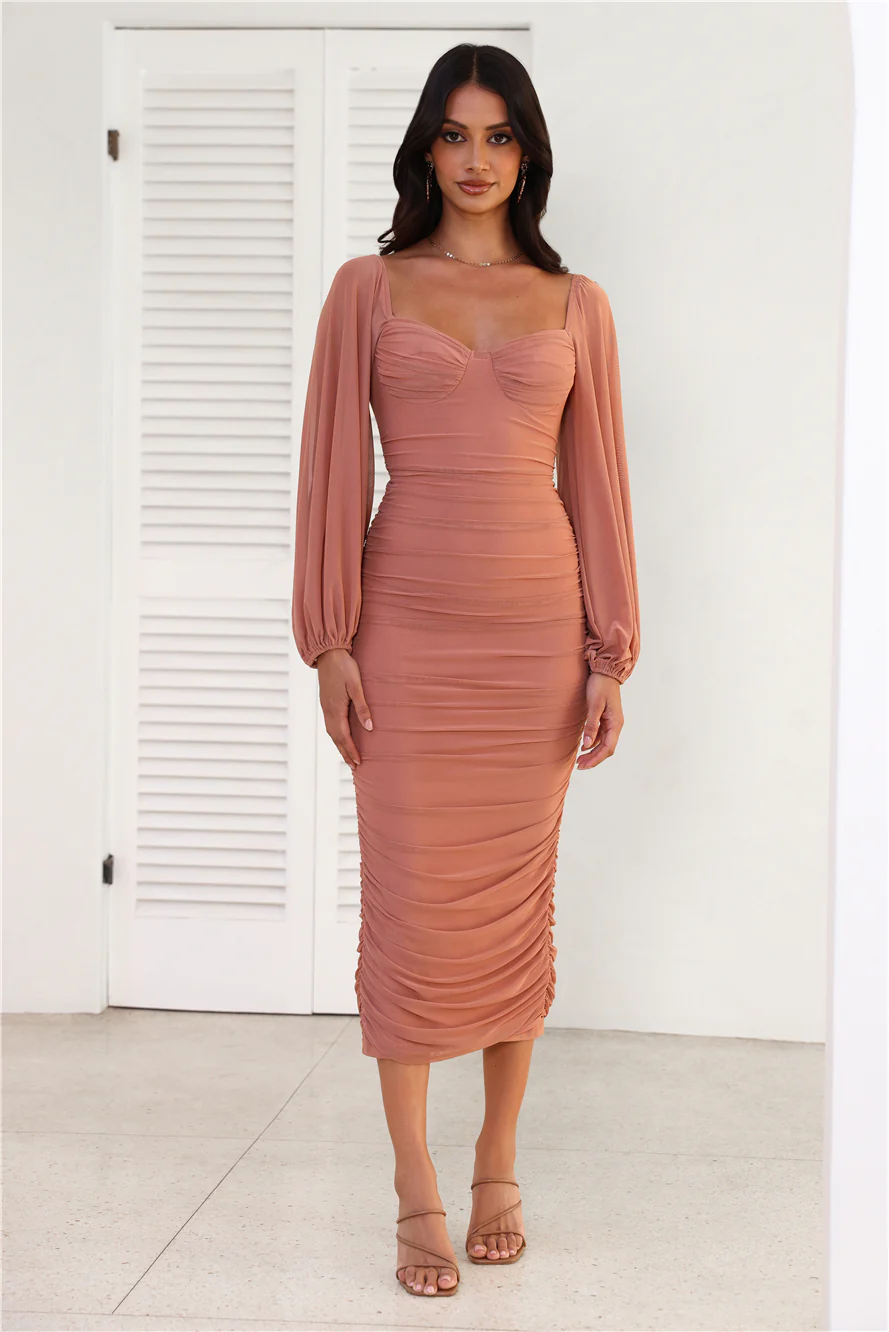 Move To The Music Long Sleeve Mesh Midi Dress Chocolate