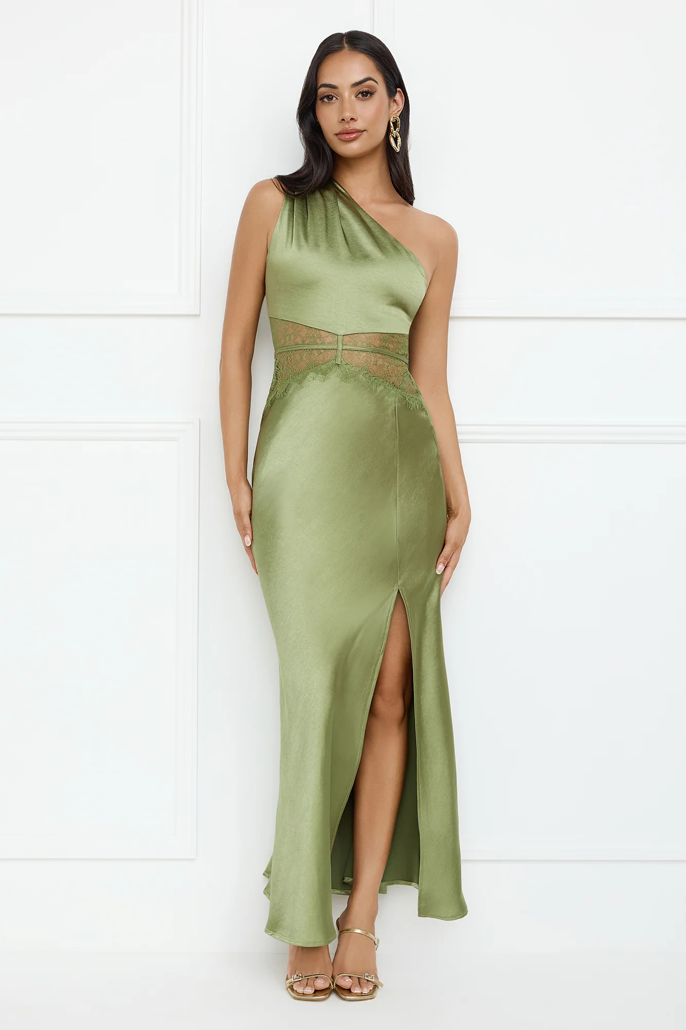 Show You Love One Shoulder Satin Maxi Dress Green