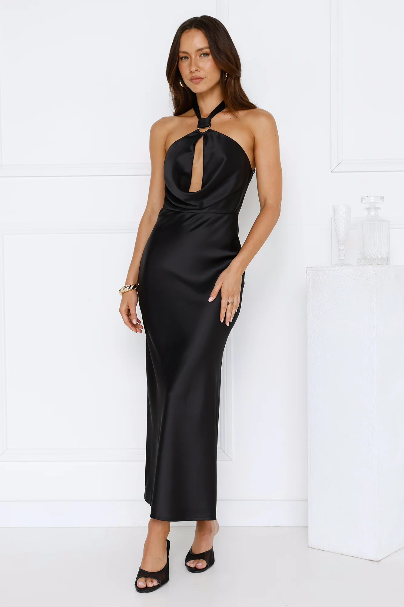 Essence of Style Halter Satin Maxi Dress Black
