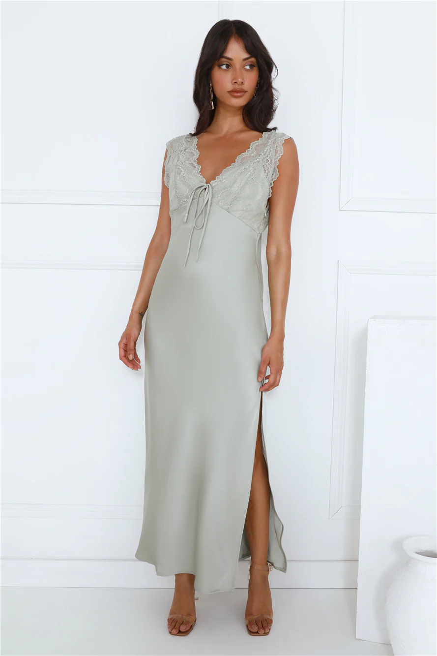 Gorgeous Vision Satin Lace Maxi Dress Sage