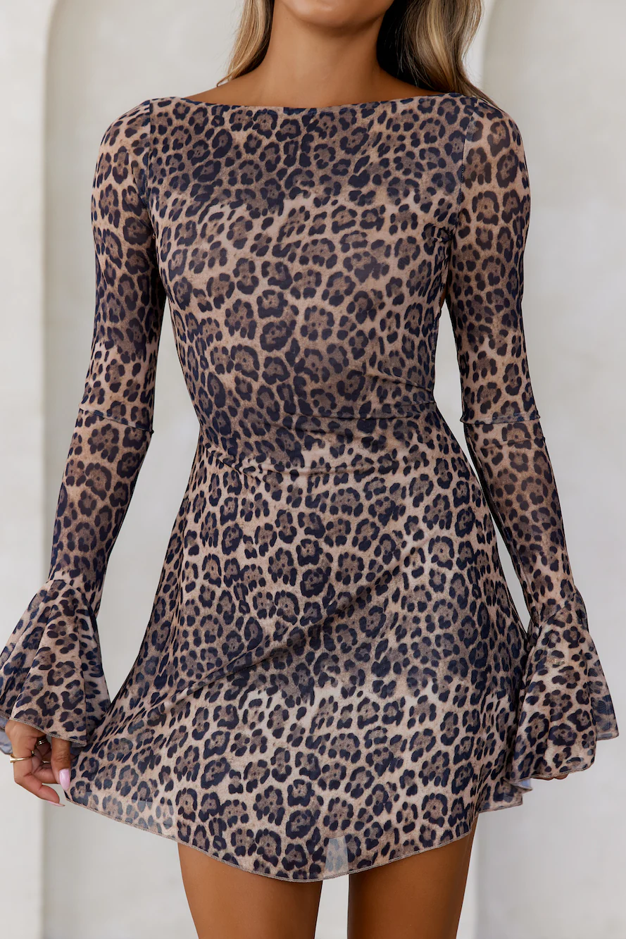 Exotic Edge Long Sleeve Mesh Mini Dress Leopard