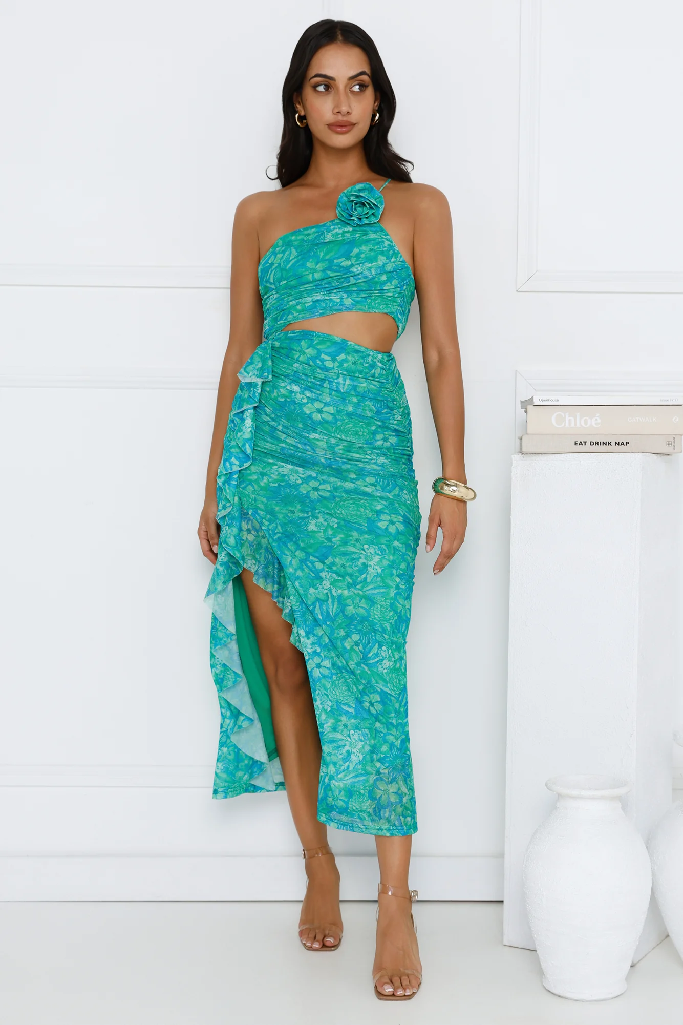 Secret Symphony One Shoulder Mesh Maxi Dress Green