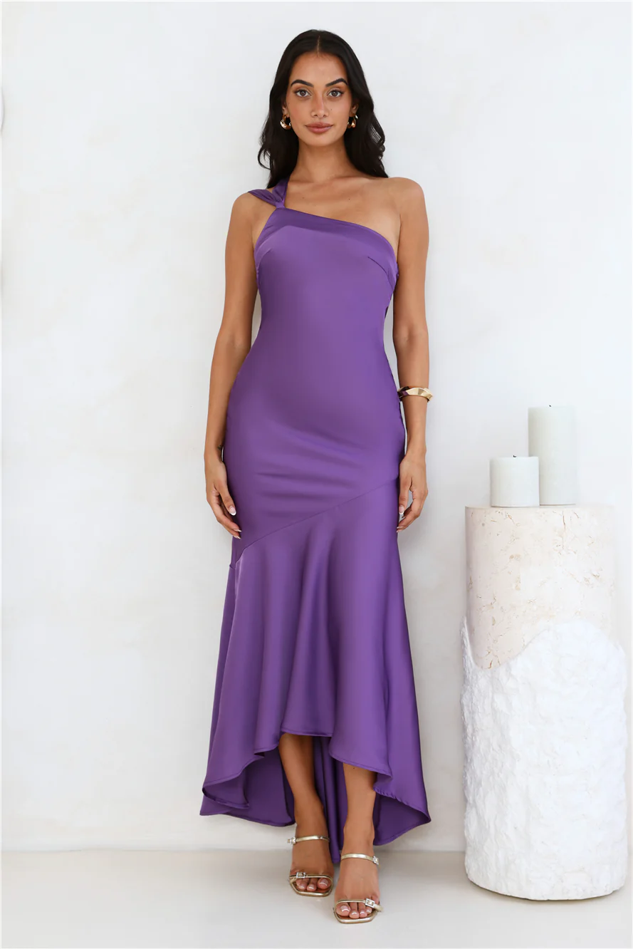 Romantic Affair Satin One Shoulder Maxi Dress Purple