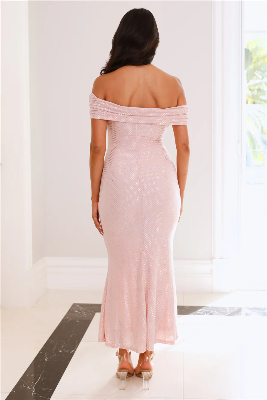 She Has Arrived Off Shoulder Glitter Maxi Dress Pink