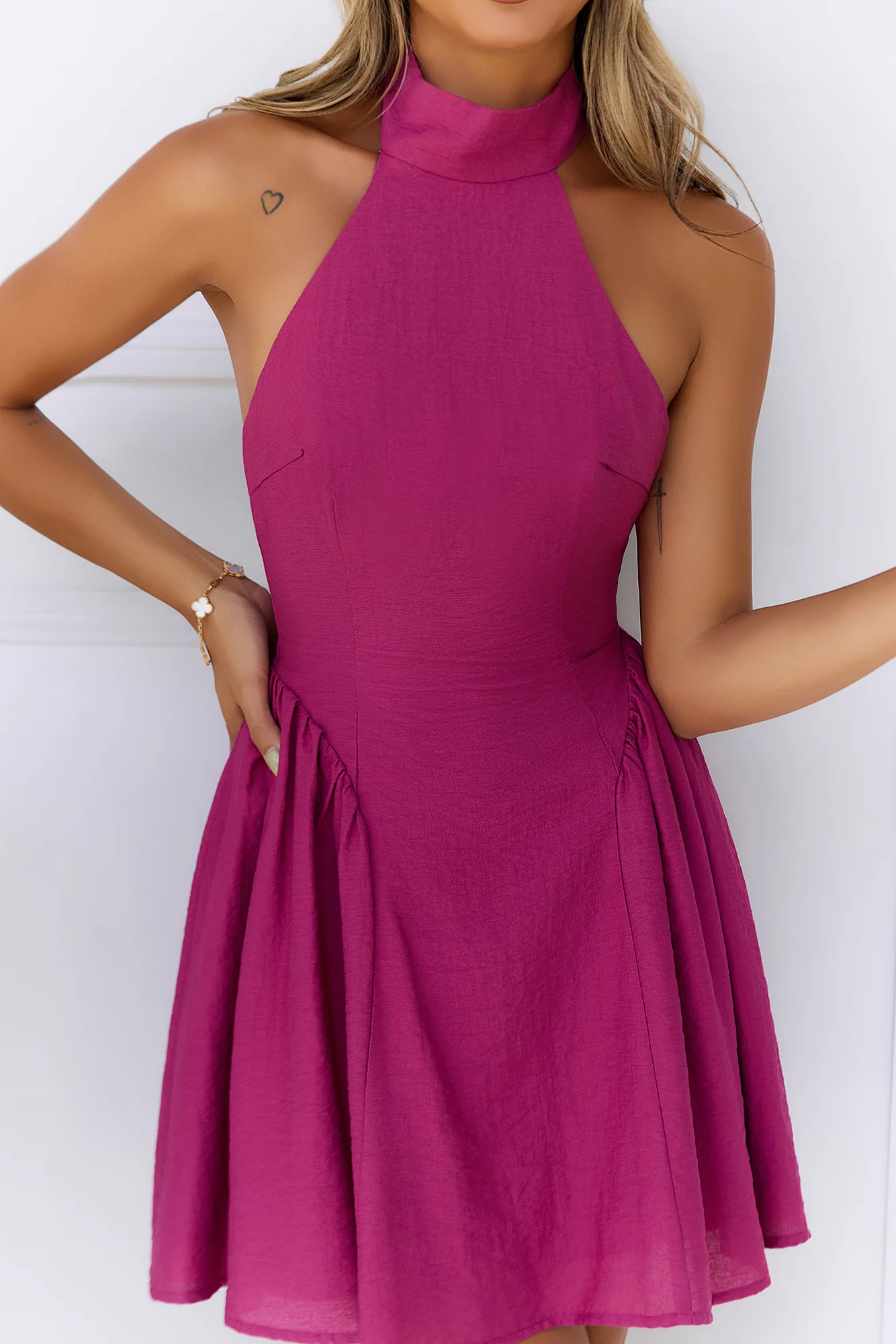 Sophisticated Vision Halter Mini Dress Berry