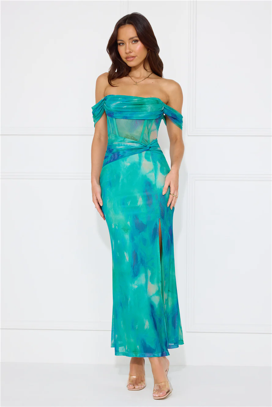 Timeless Grace Off Shoulder Mesh Maxi Dress Green