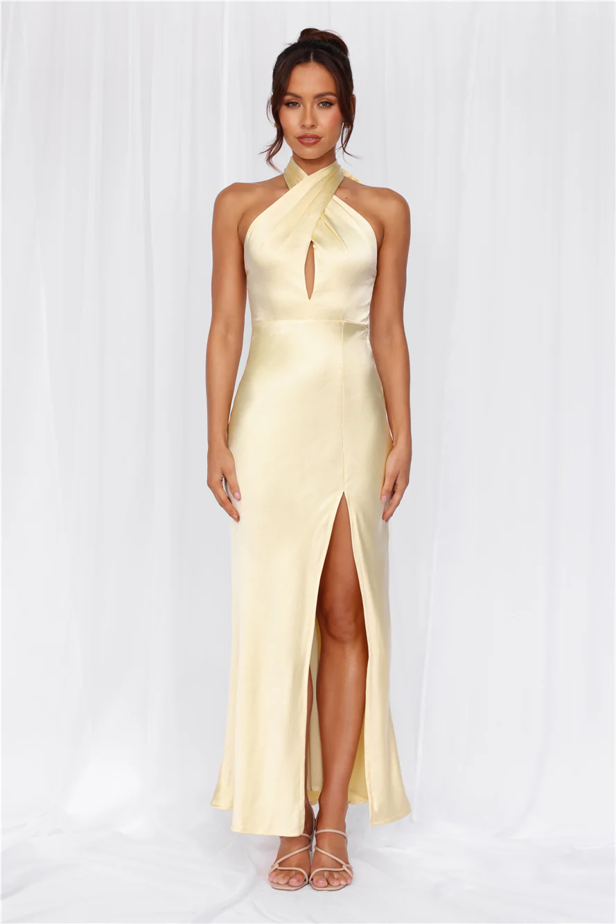The Adeline Halter Satin Maxi Dress Yellow