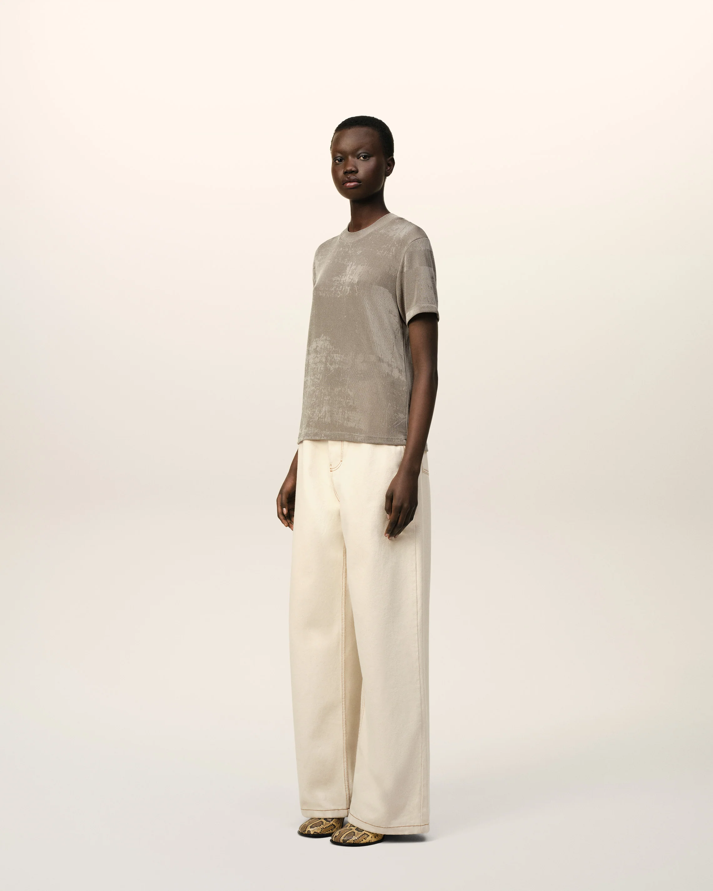 Beige Shiny Jersey Short Sleeve T-Shirt