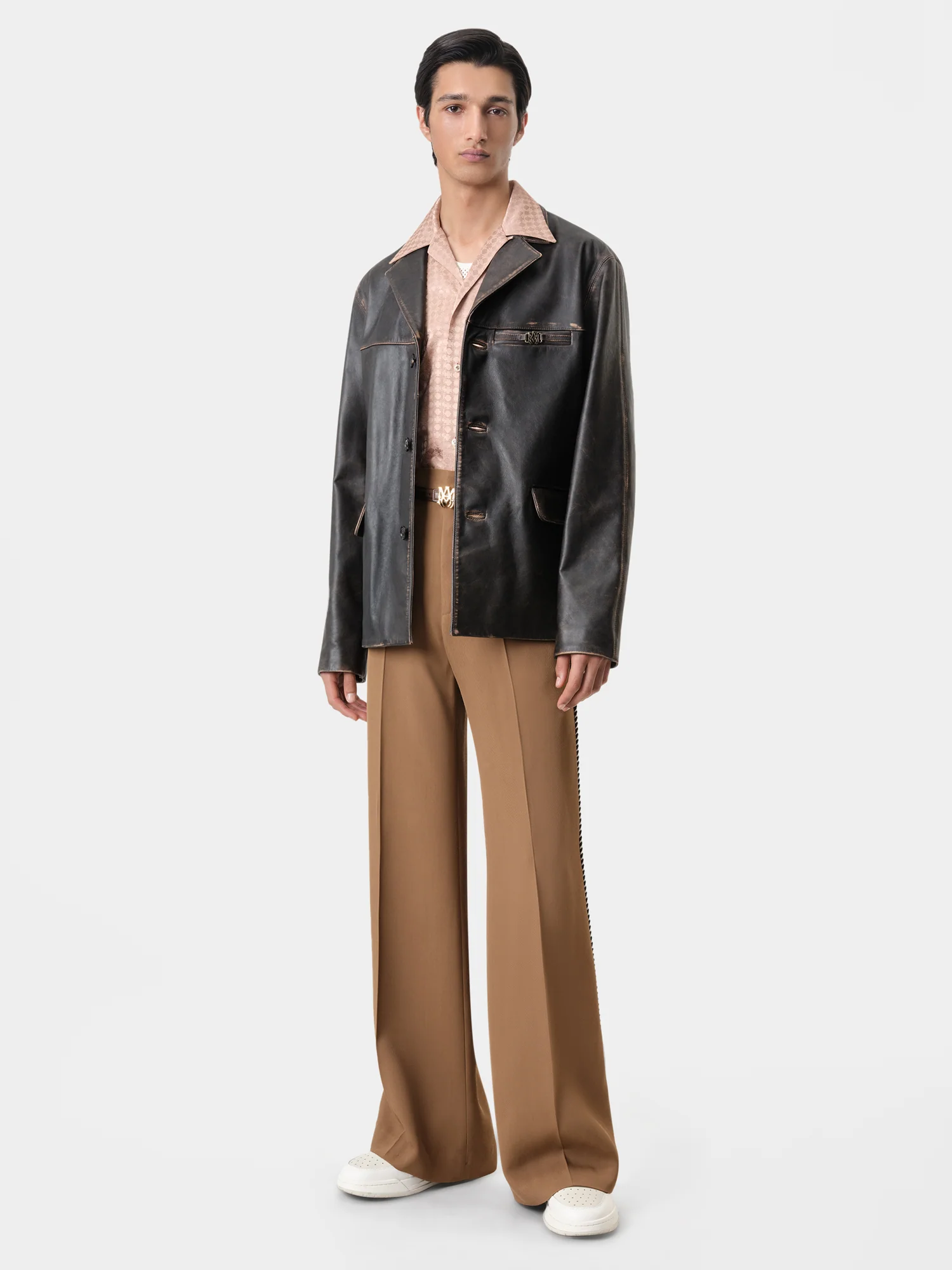 TUMBLED LEATHER SINGLE BREASTED JACKET - Dark Brown