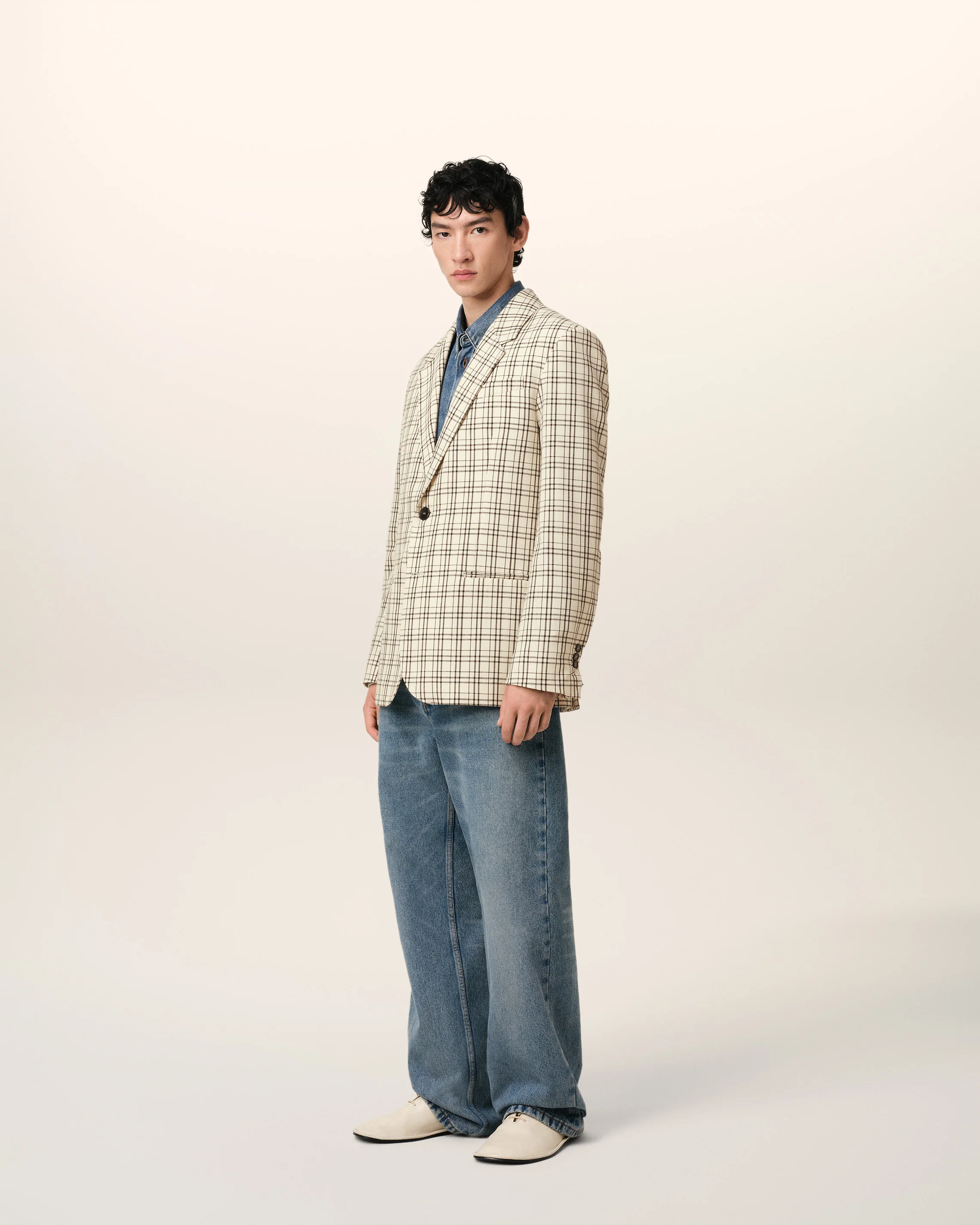 Beige Checked Wool Semi-Lined Jacket