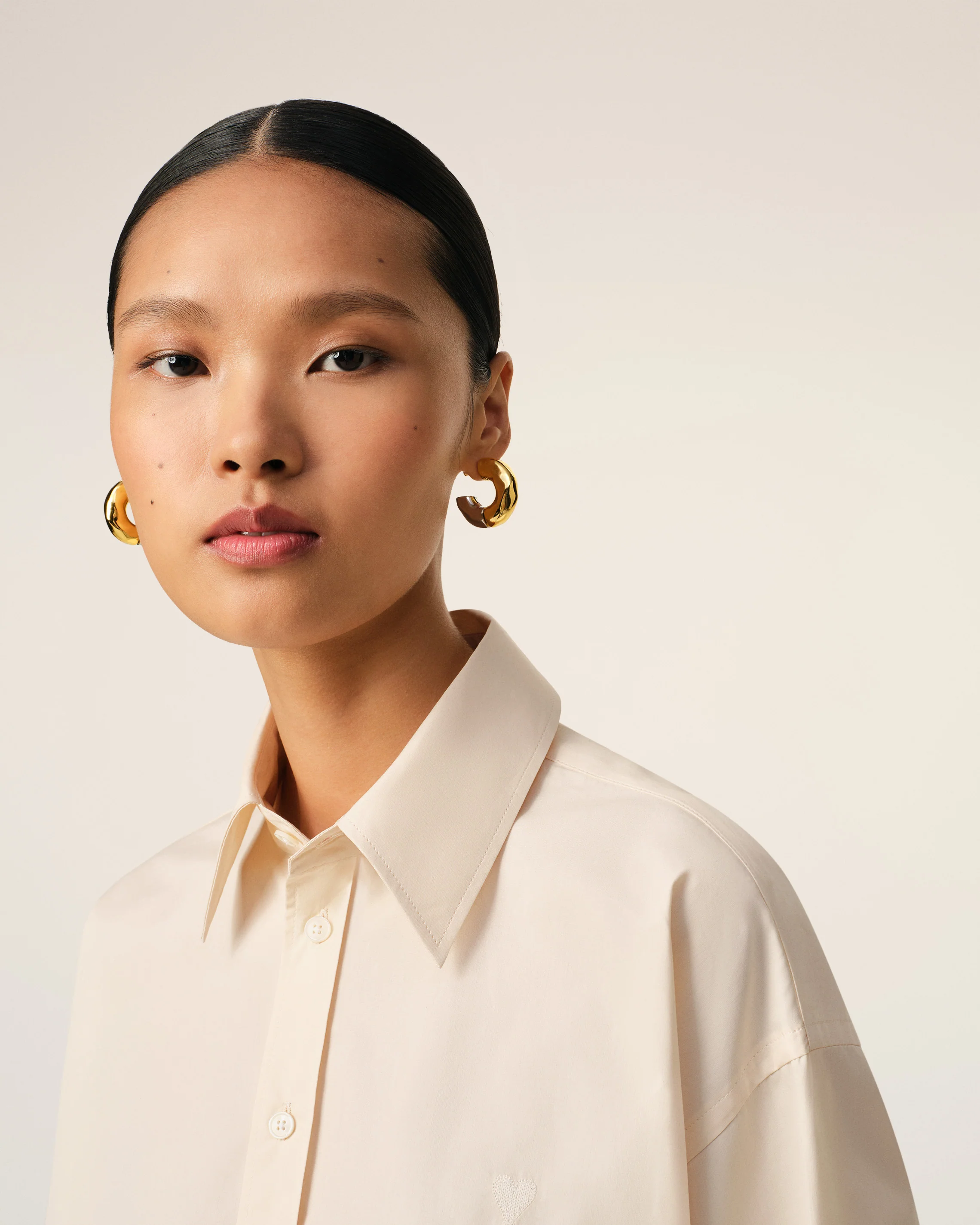 Beige Cotton Cropped Oversized Shirt