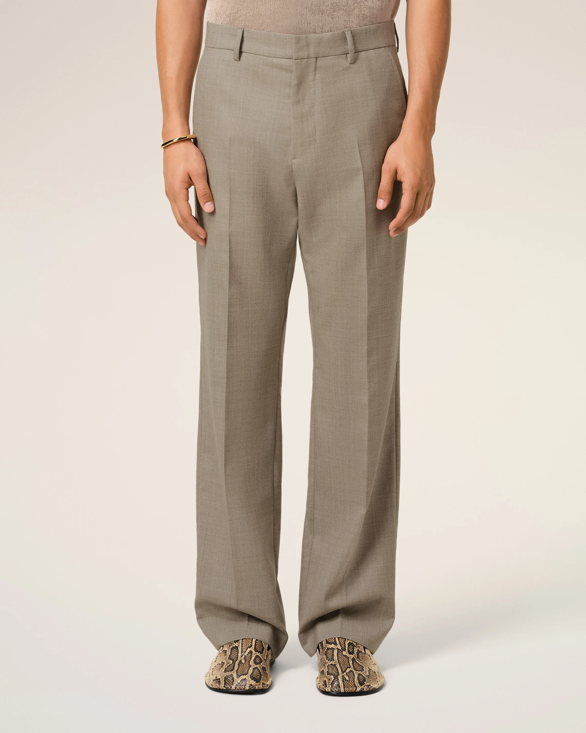 Beige Wool Straight Fit Trousers