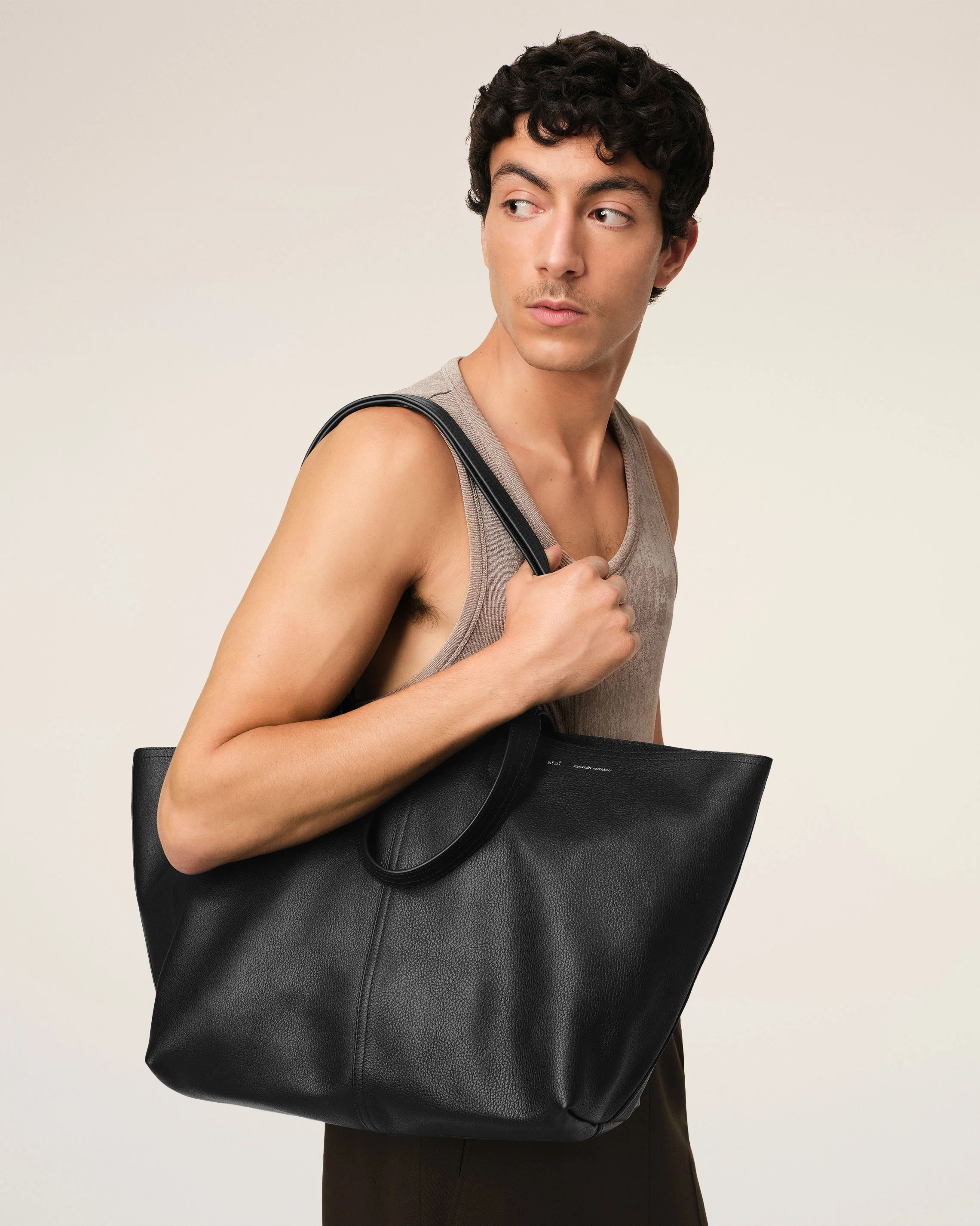 Black Leather Midi Tote Bag