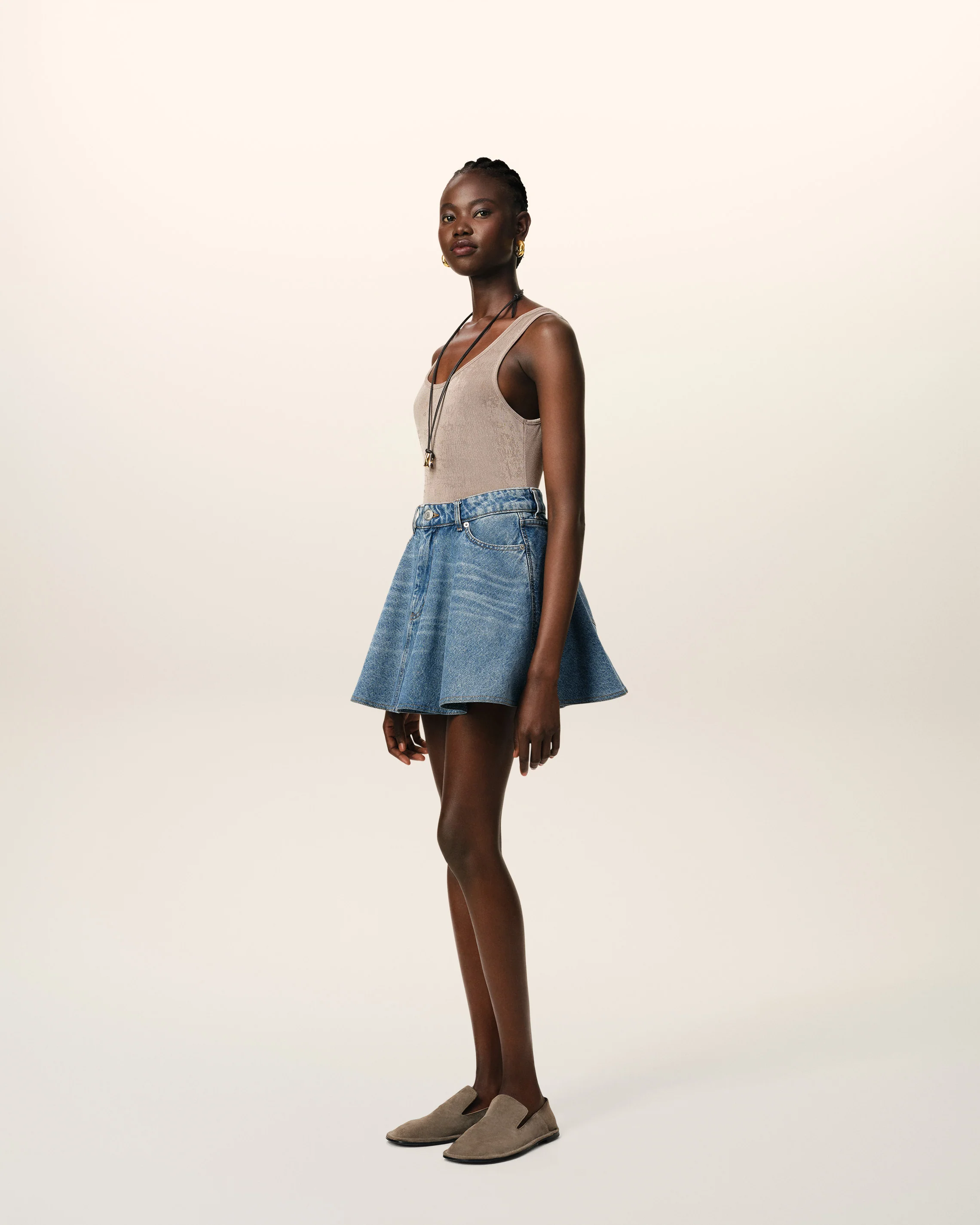 Blue Cotton Flare Mini Skirt