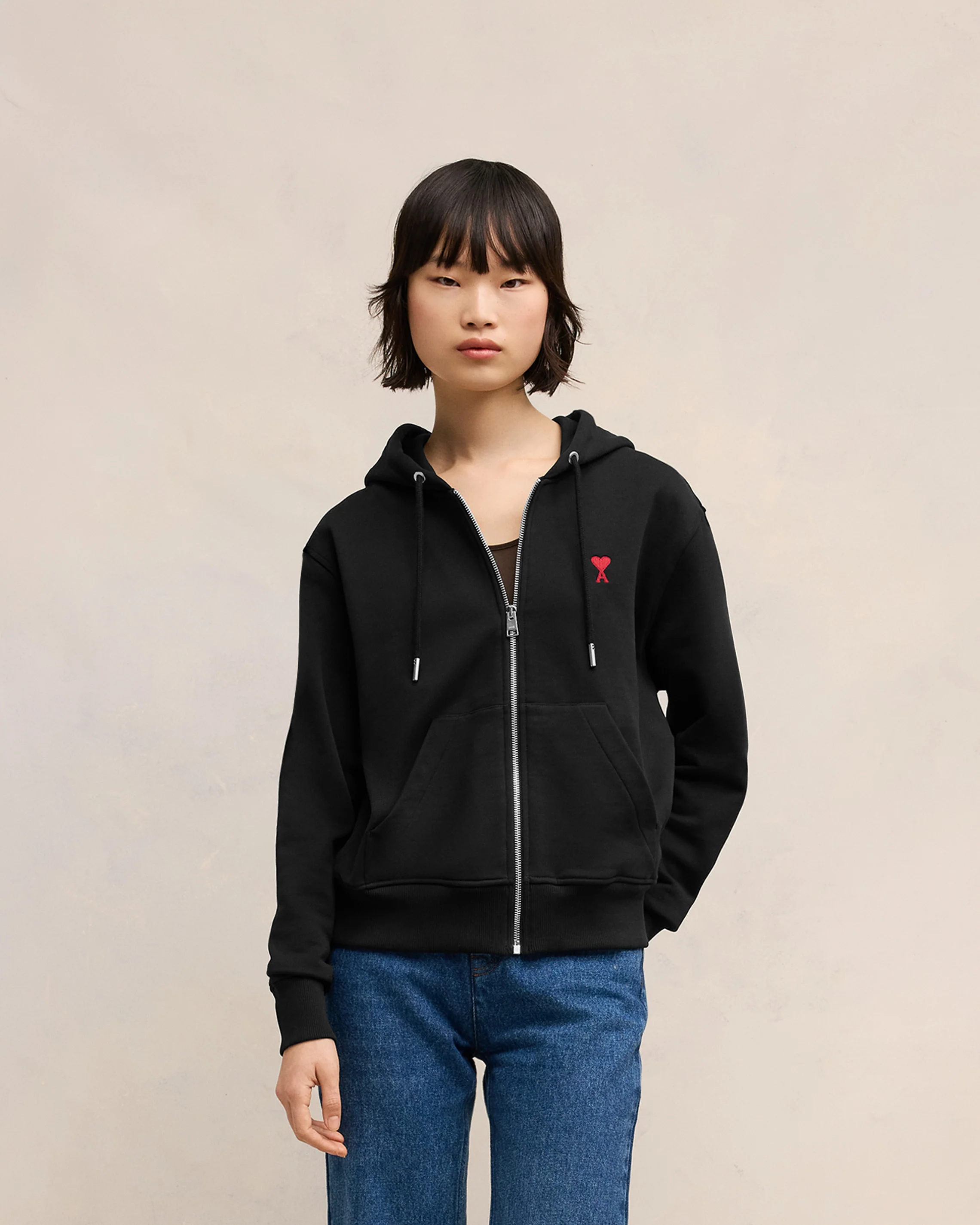 Black Cotton Ami de Coeur Zipped Hoodie