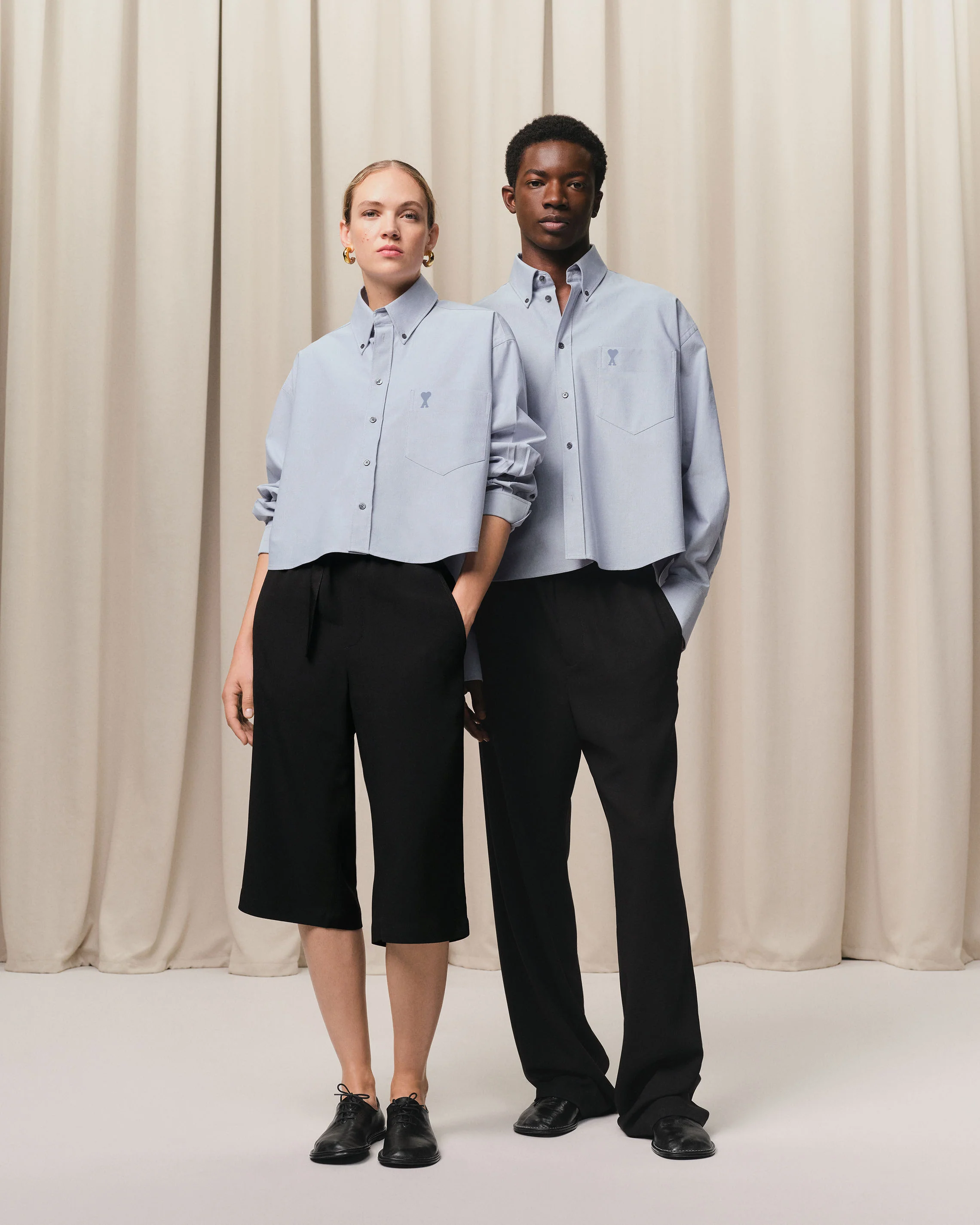 Blue Cotton Button-Down Cropped Oversized Shirt