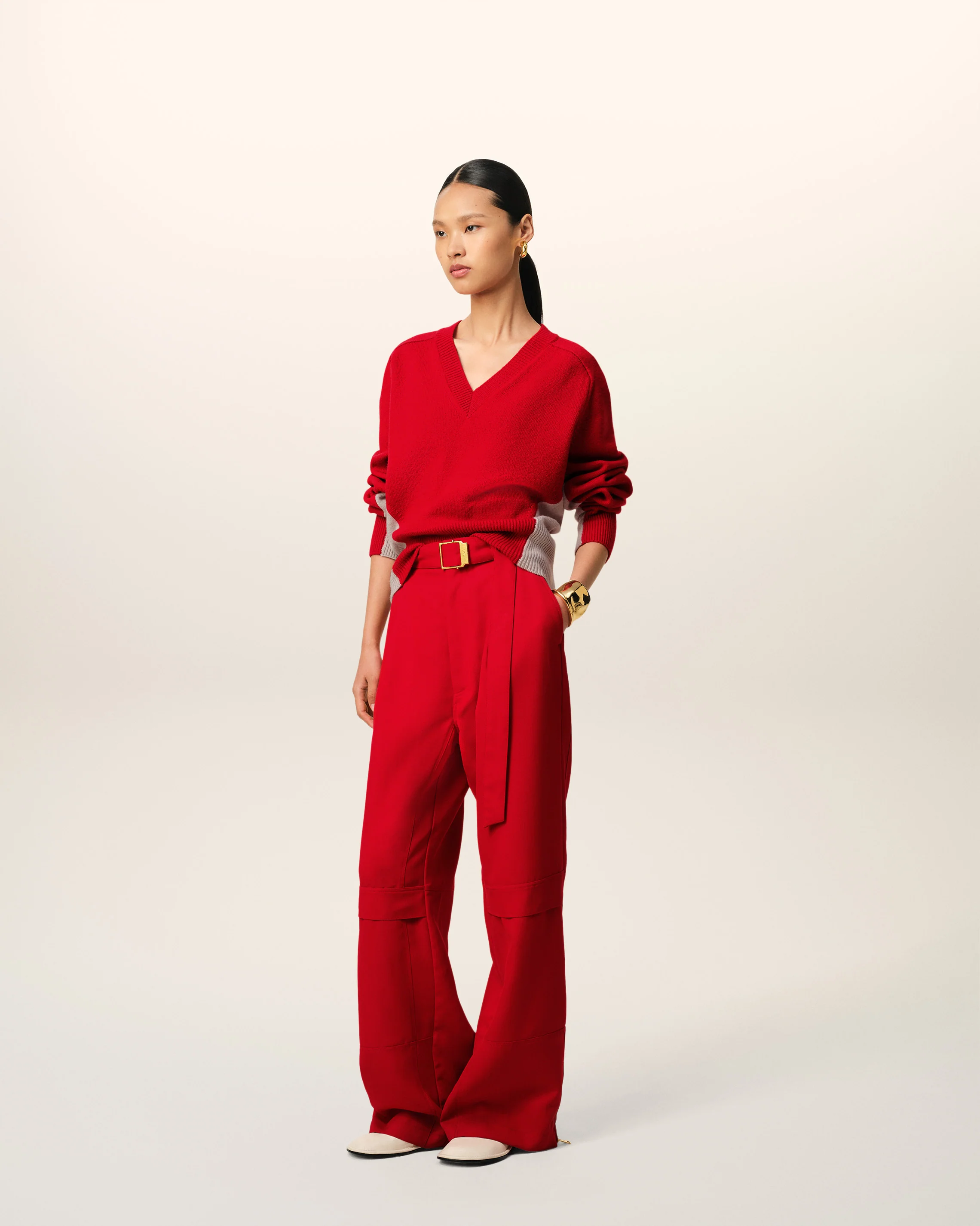 Red Wool Knit Bicolor V Neck Sweater