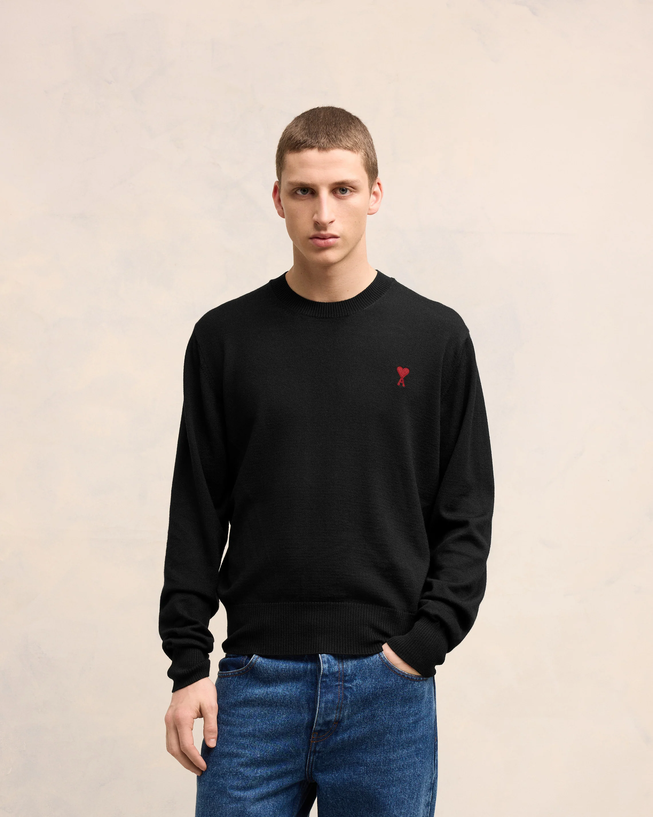 Black Wool Ami de Coeur Crew Neck Sweater