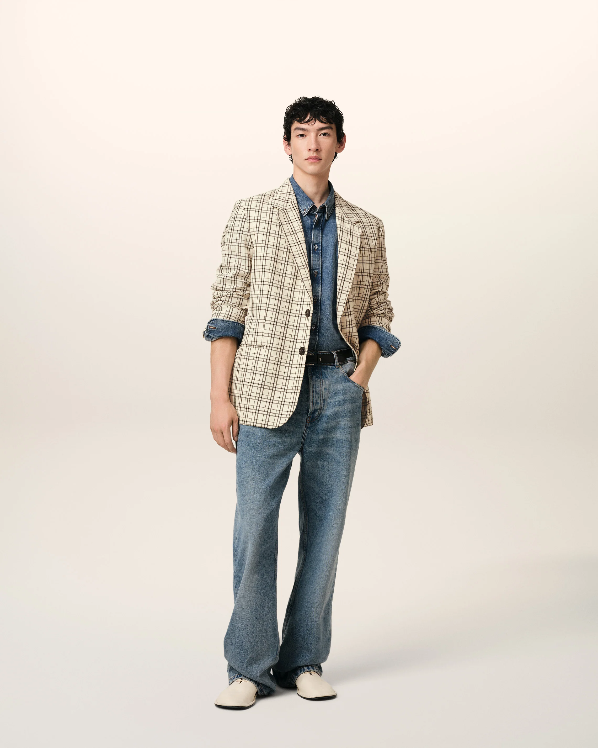 Beige Checked Wool Semi-Lined Jacket