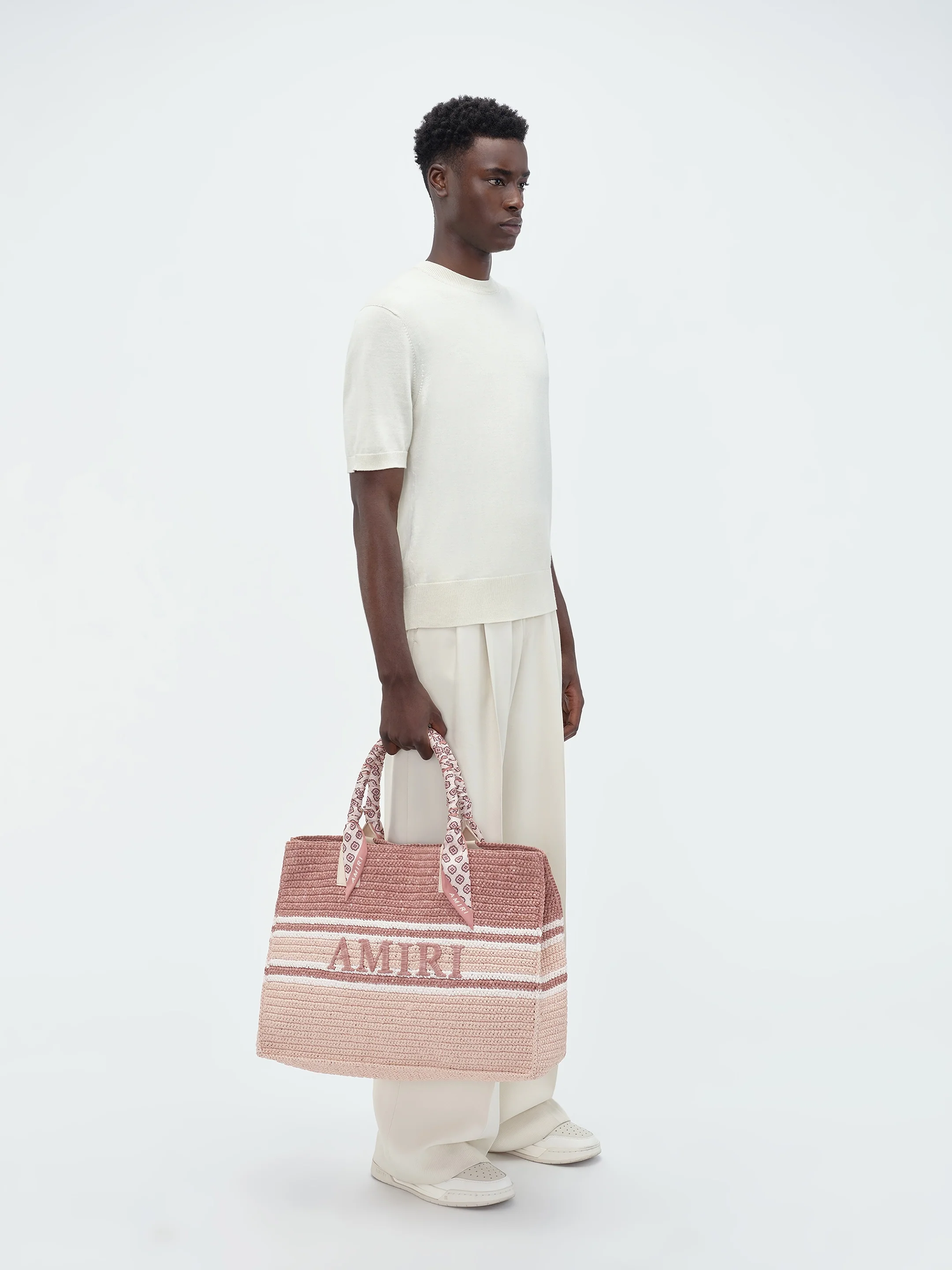 WOVEN STRIPE RAFFIA TOTE BAG - Pink