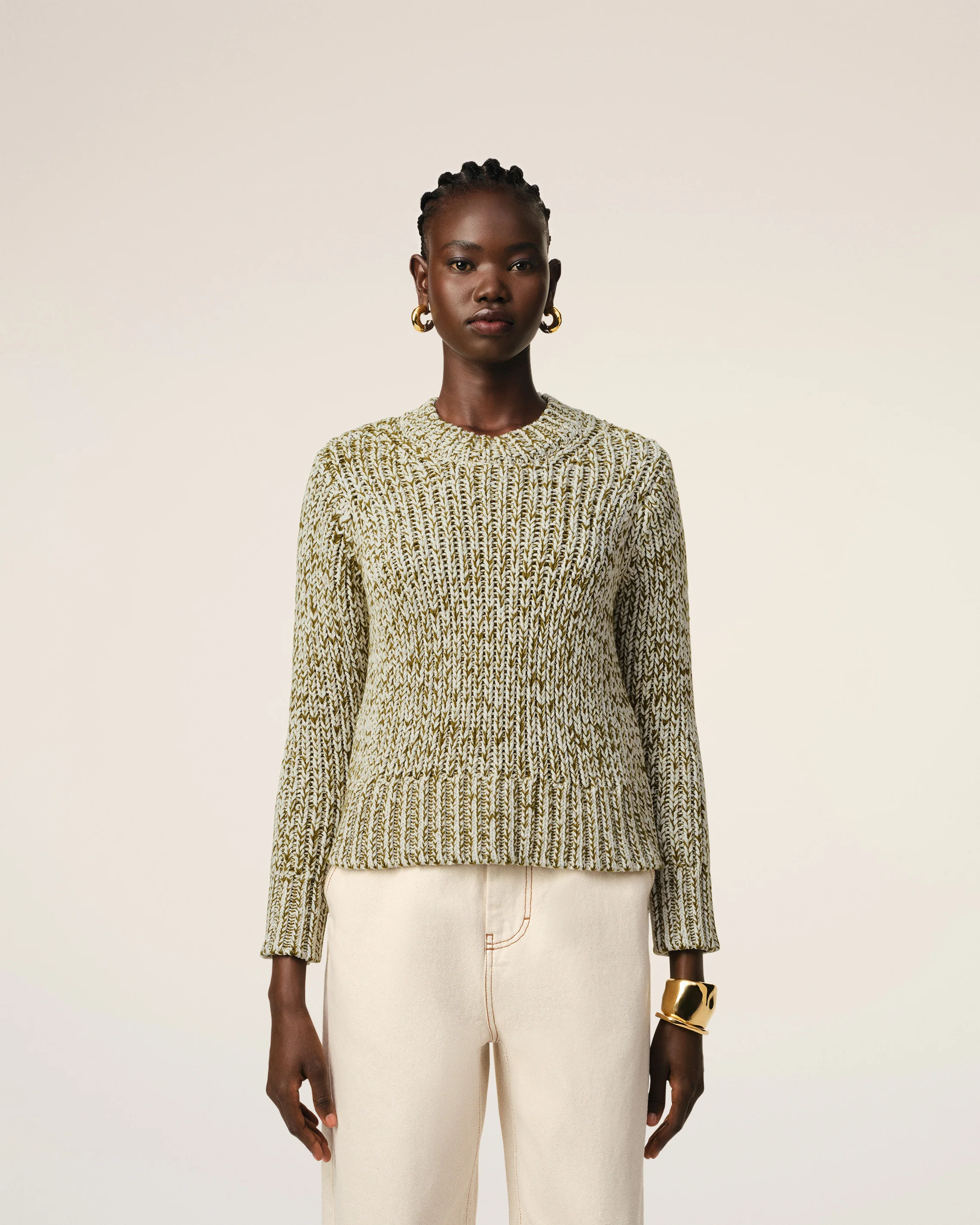 Green Mouliné Textured Knit Crewneck Sweater