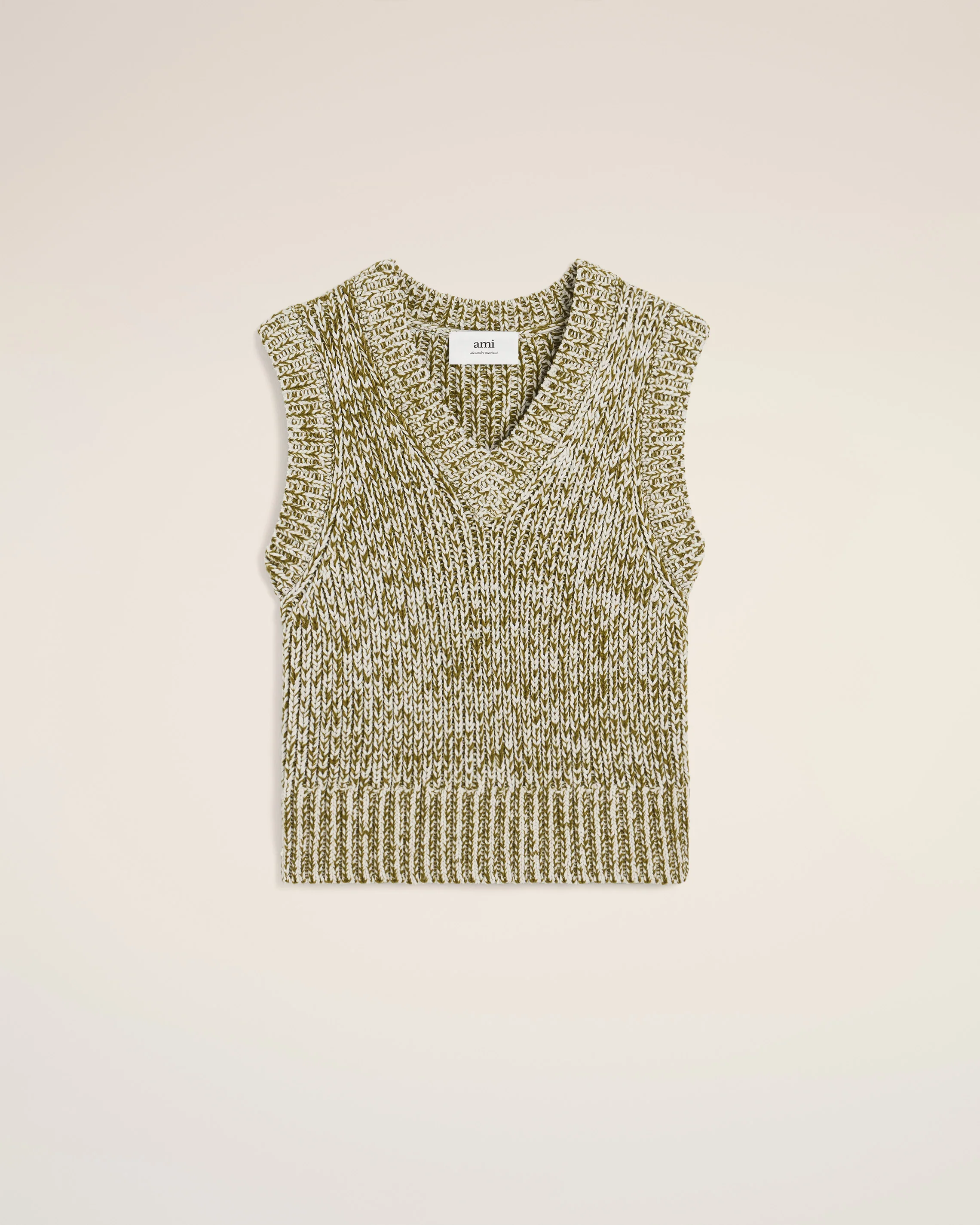 Green Cotton And Wool Sleeveless V Neck Sweater