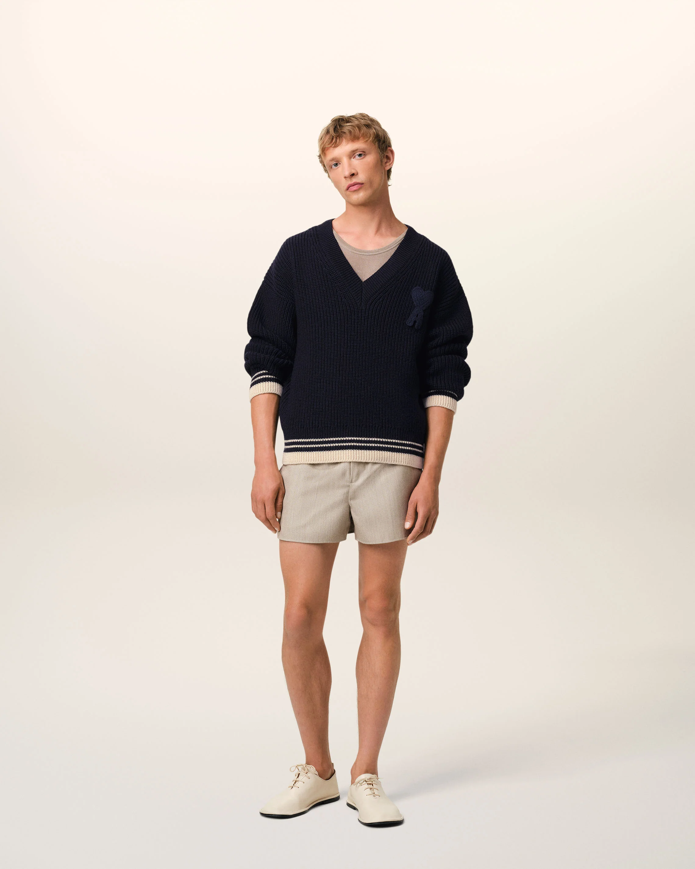 Navy Wool Ribbed V Neck Sweater