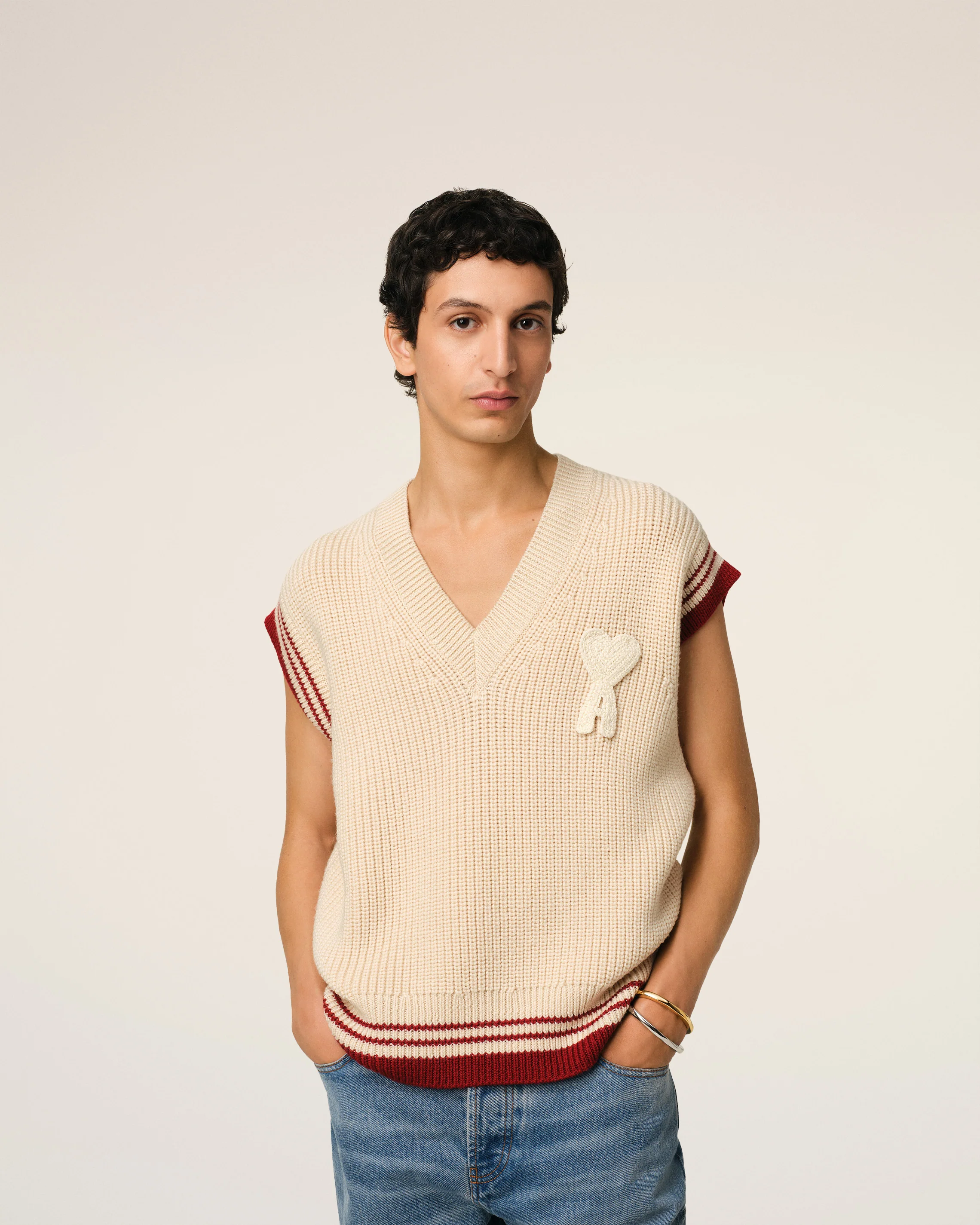 Beige Wool Ribbed Sleeveless V Neck Sweater