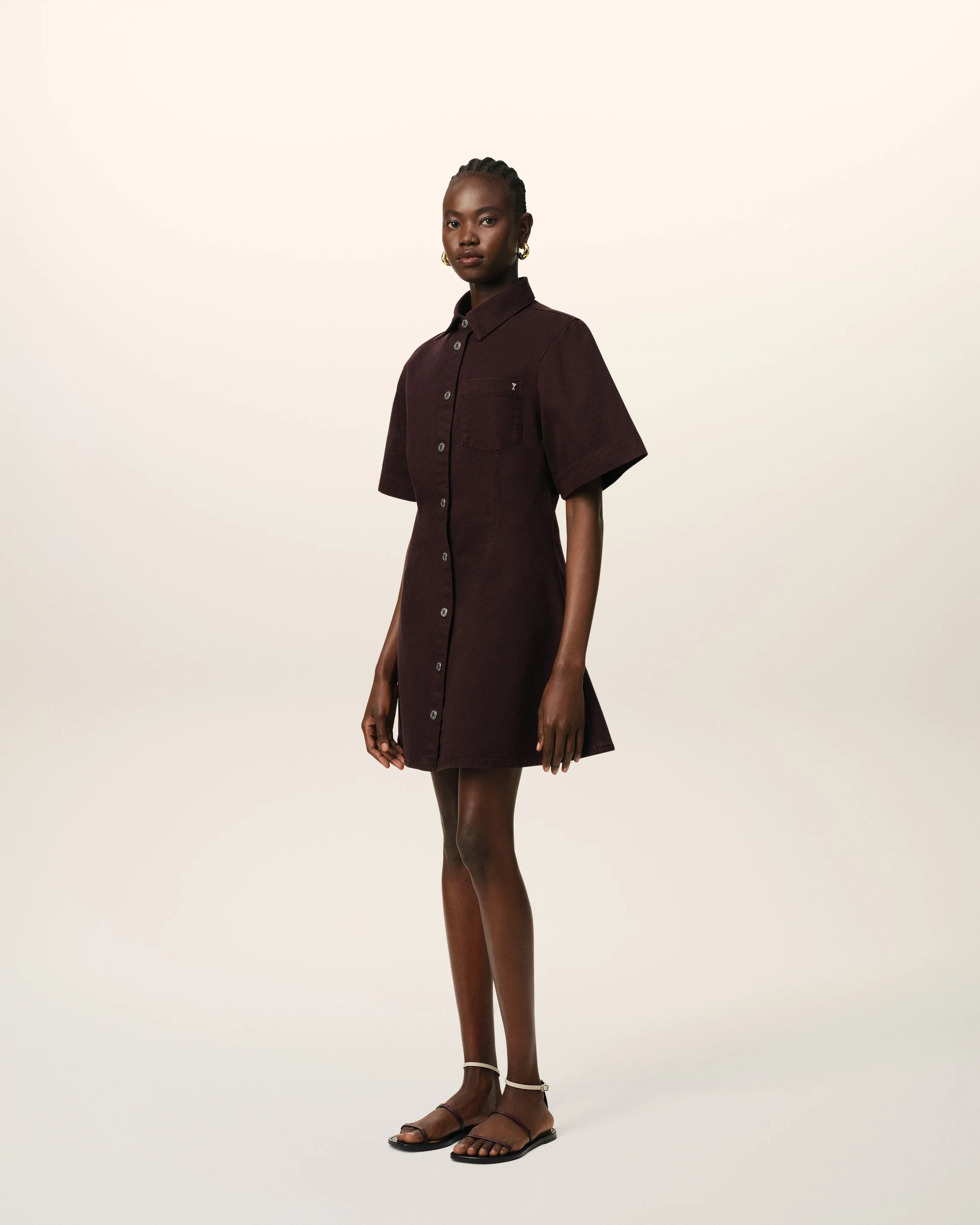 Burgundy Cotton Short Sleeve Shirt Dress
