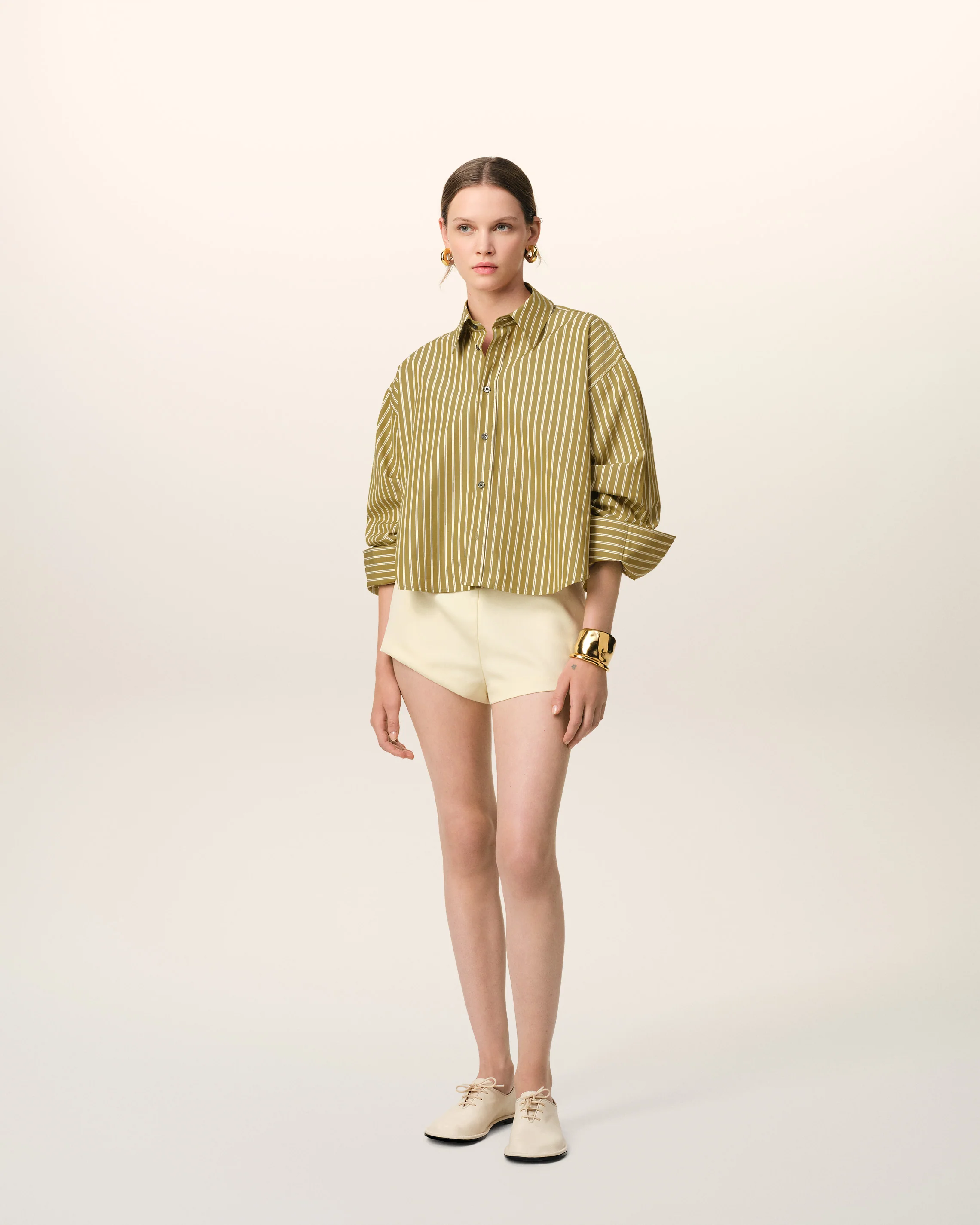 Khaki Cotton Cropped Oversized Shirt