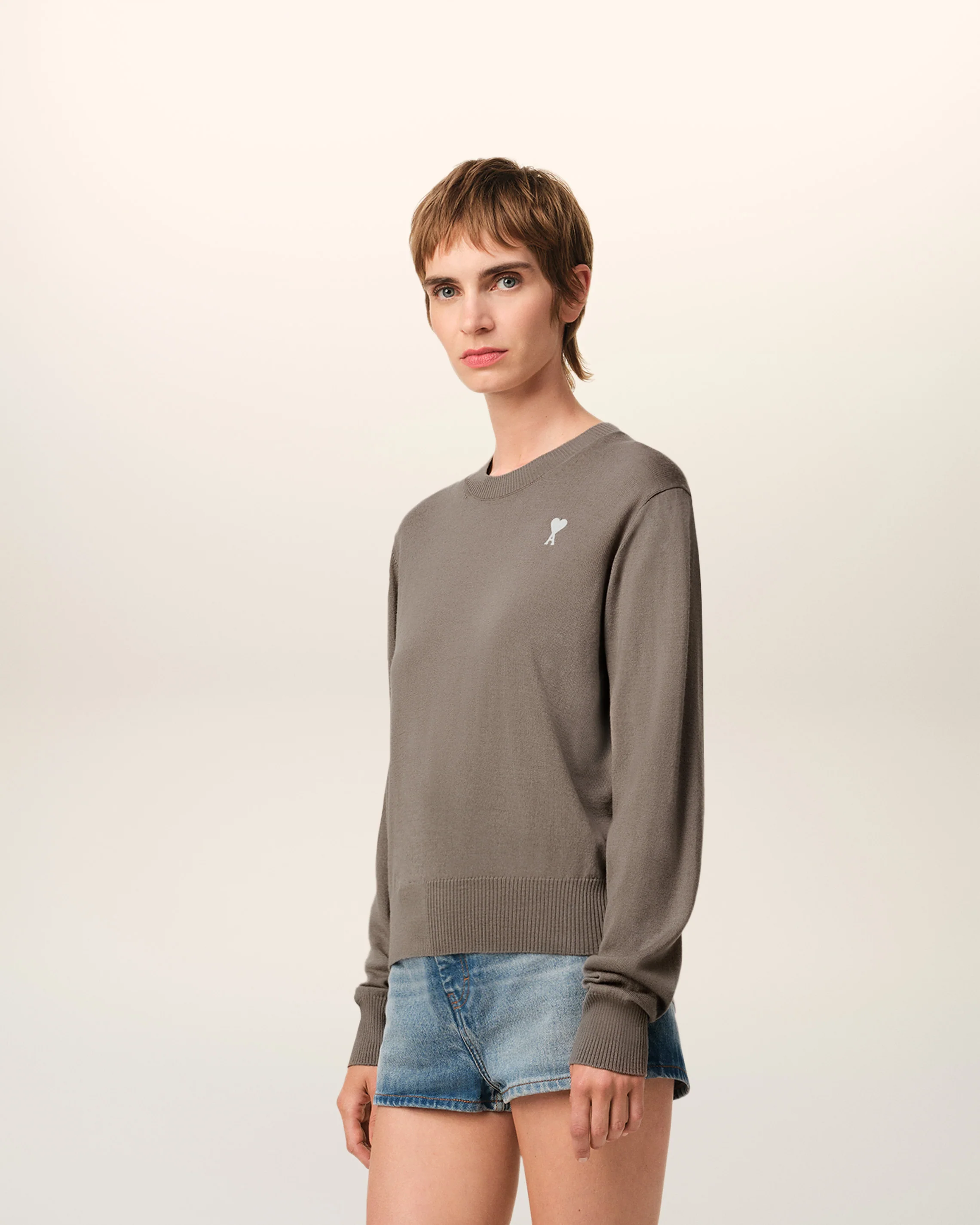 Beige Wool Ami de Coeur Crew Neck Sweater