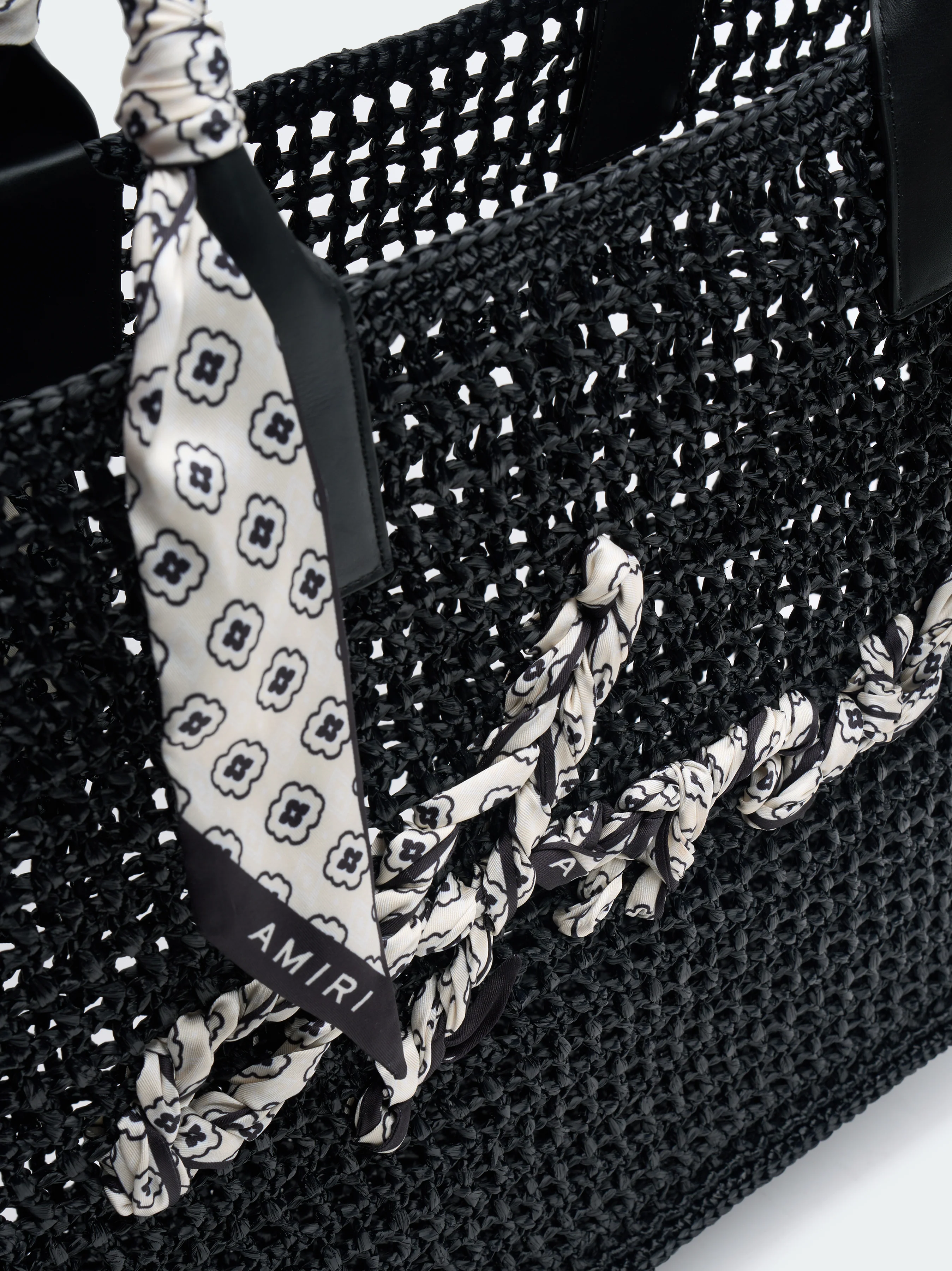 OPEN WEAVE RAFFIA TOTE BAG - Black
