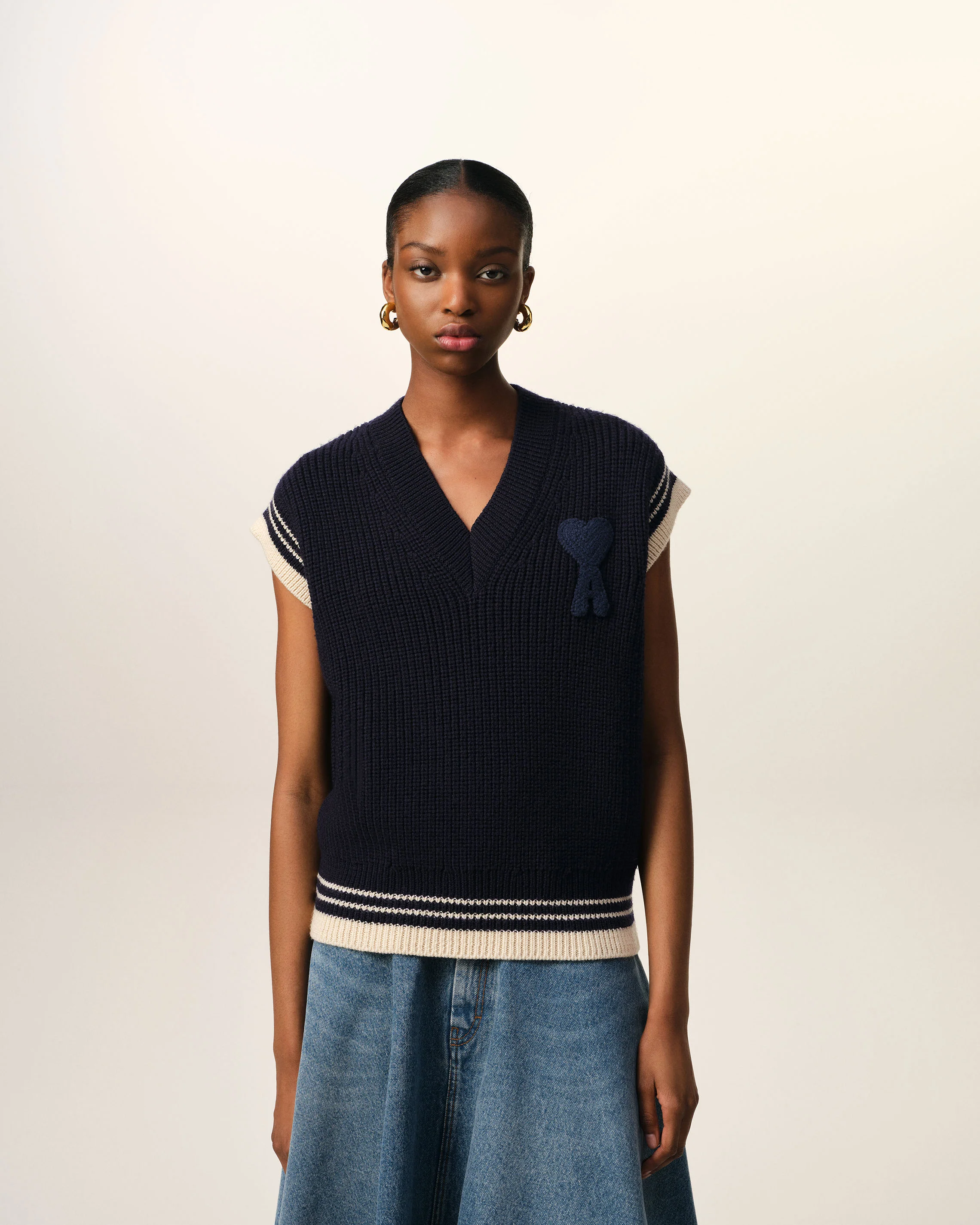 Navy Wool Ribbed Sleeveless V Neck Sweater